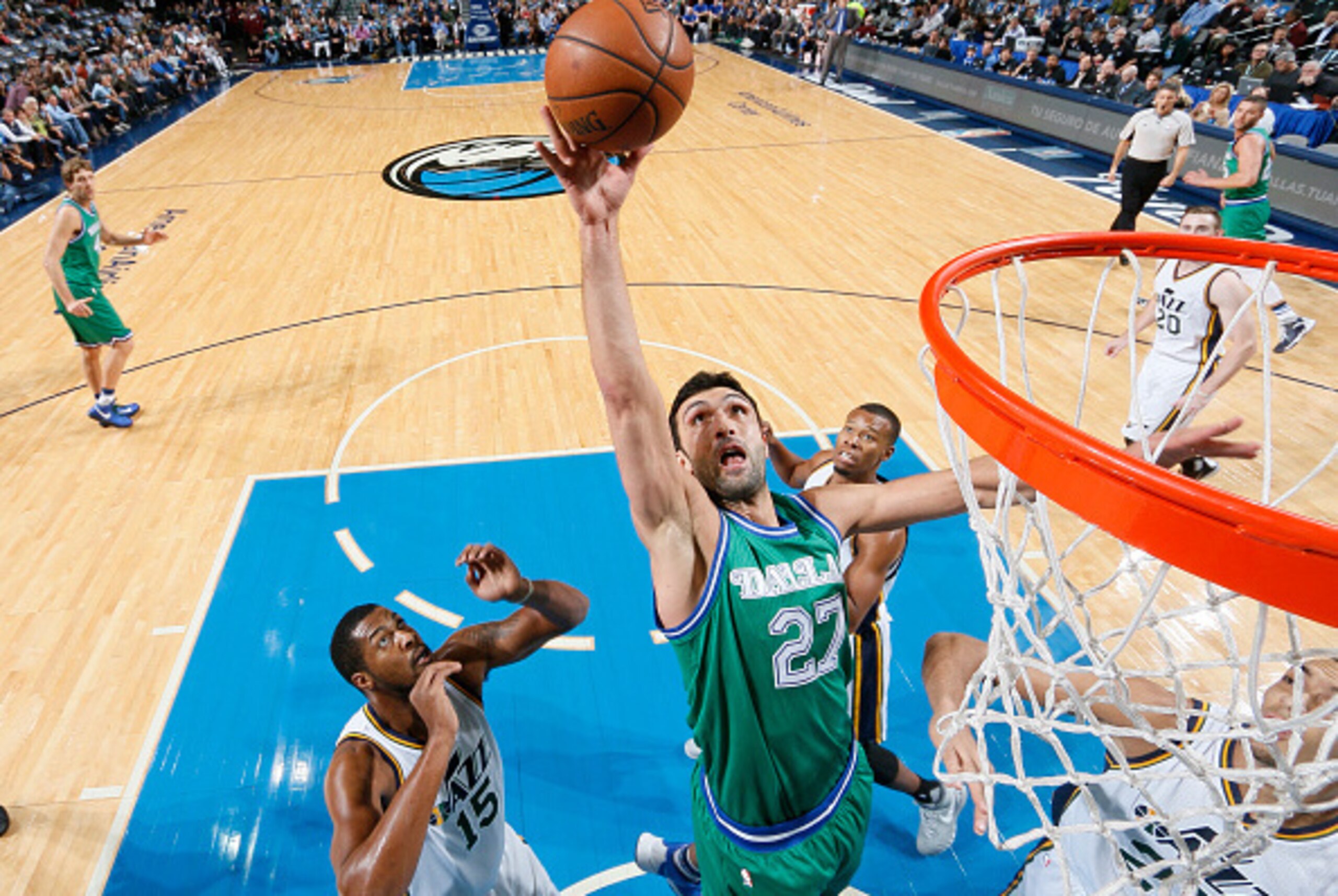 DALLAS, TX - NOVEMBER 20: Zaza Pachulia #27 of the Dallas Mavericks grabs a rebound against the Utah Jazz on November 20, 2015 at the American Airlines Center in Dallas, Texas. NOTE TO USER: User expressly acknowledges and agrees that, by downloading and 