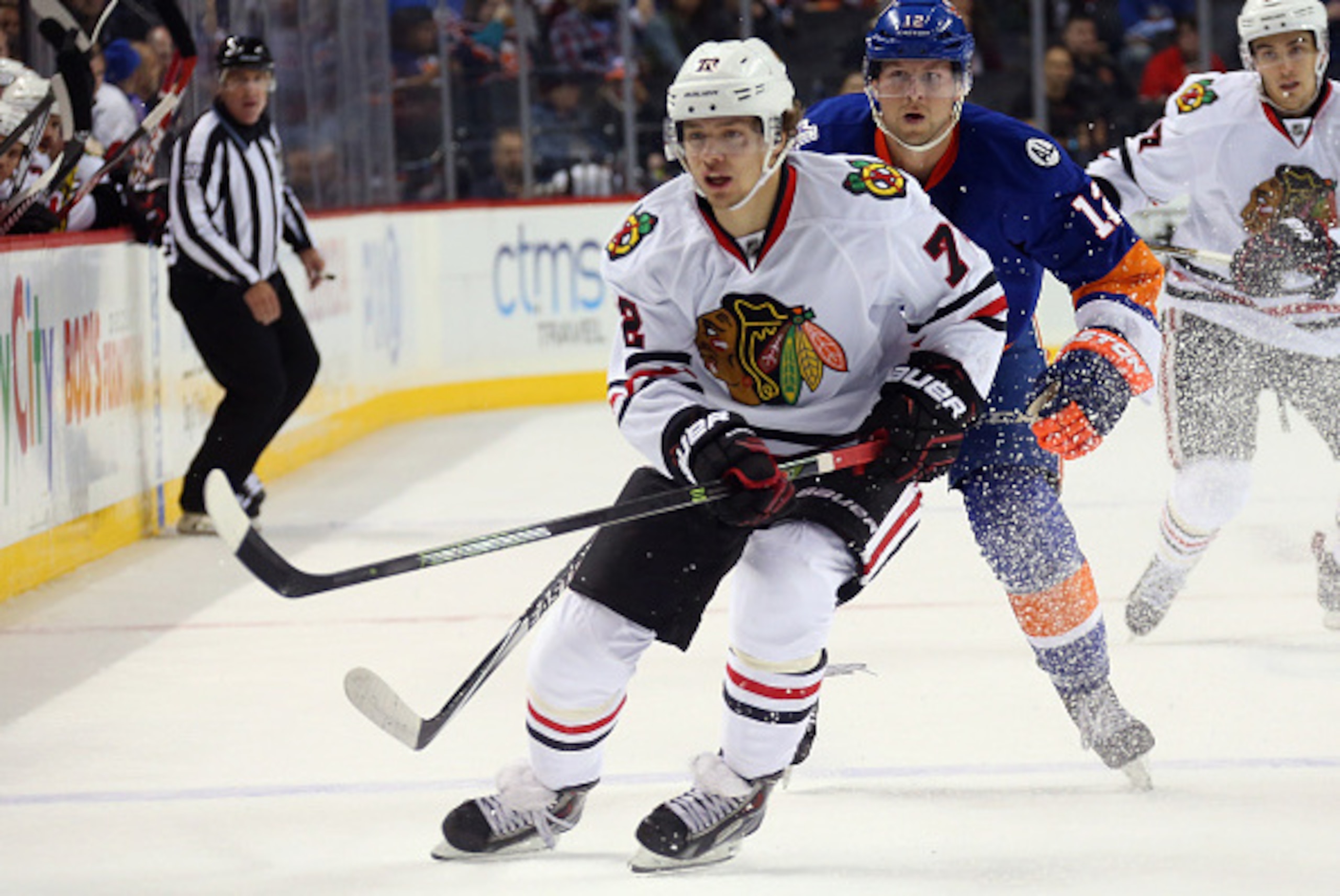 NEW YORK, NY - OCTOBER 09:  Artemi Panarin #72 of the Chicago Blackhawks skates against the New York Islanders at the Barclays Center on October 9, 2015 in Brooklyn borough of New York City. The game is the first for the Islanders in their new arena. The 