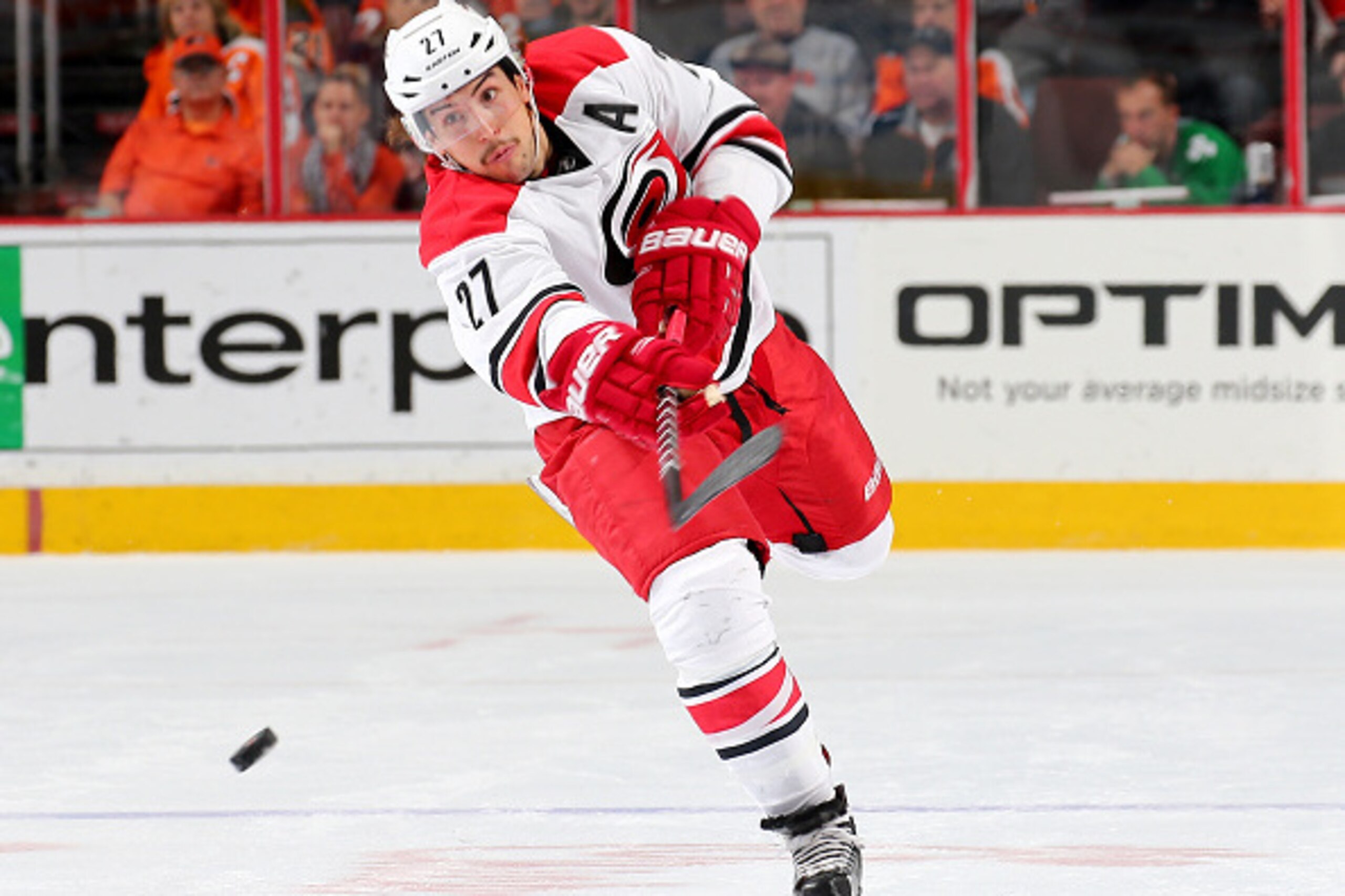 PHILADELPHIA, PA - NOVEMBER 23:  Justin Faulk #27 of the Carolina Hurricanes passes the puck in the first period against the Philadelphia Flyers on November 23, 2015 at the Wells Fargo Center in Philadelphia, Pennsylvania.  (Photo by Elsa/Getty Images)