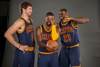 CLEVELAND, OH - SEPTEMBER 28: Kevin Love #0 Kyrie Irving #2 and LeBron James #23 of the Cleveland Cavaliers during the Cleveland Cavaliers media day at Cleveland Clinic Courts on September 28, 2015 in Independence, Ohio. (Photo by Jason Miller/Getty Image