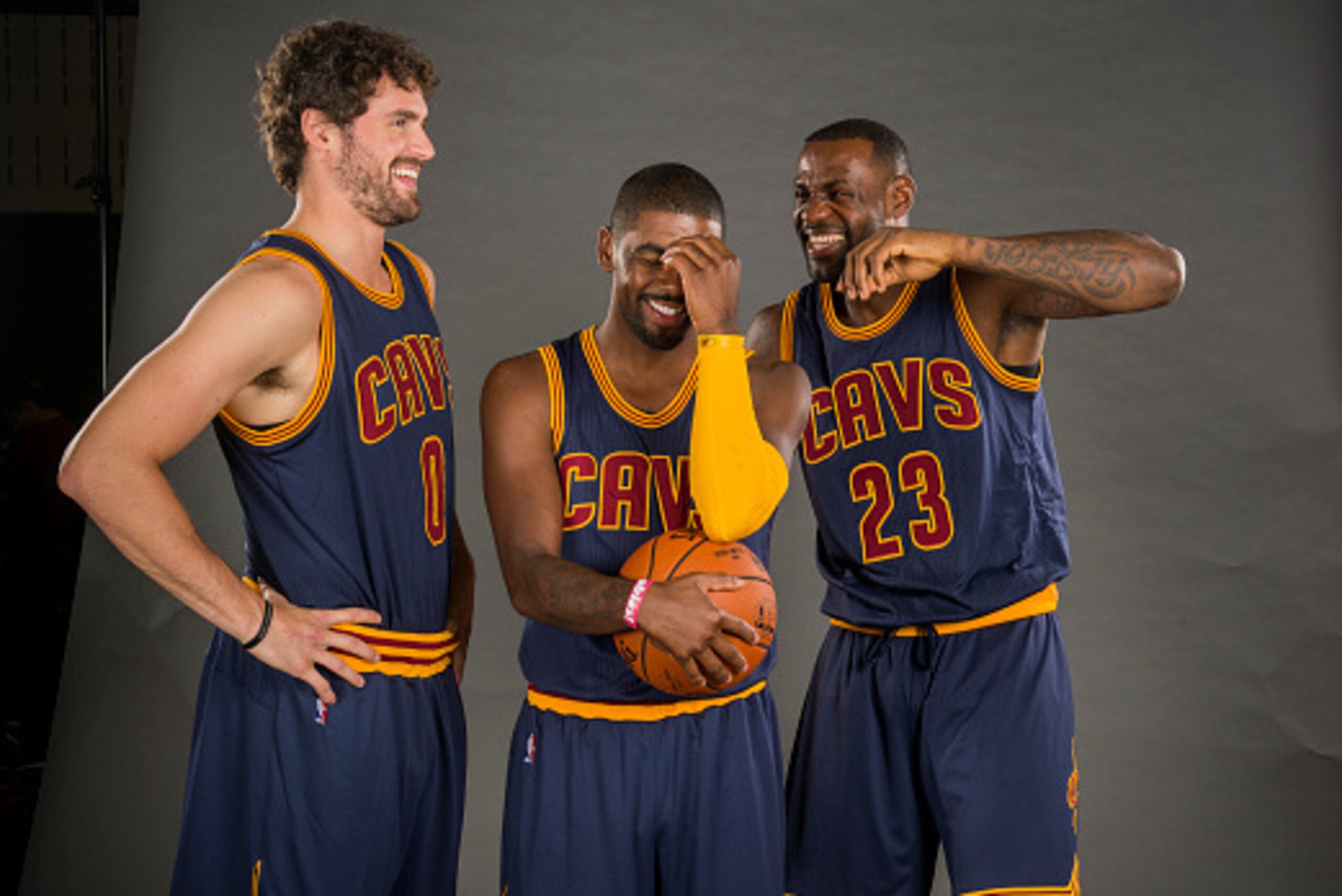 CLEVELAND, OH - SEPTEMBER 28: Kevin Love #0 Kyrie Irving #2 and LeBron James #23 of the Cleveland Cavaliers during the Cleveland Cavaliers media day at Cleveland Clinic Courts on September 28, 2015 in Independence, Ohio. (Photo by Jason Miller/Getty Image