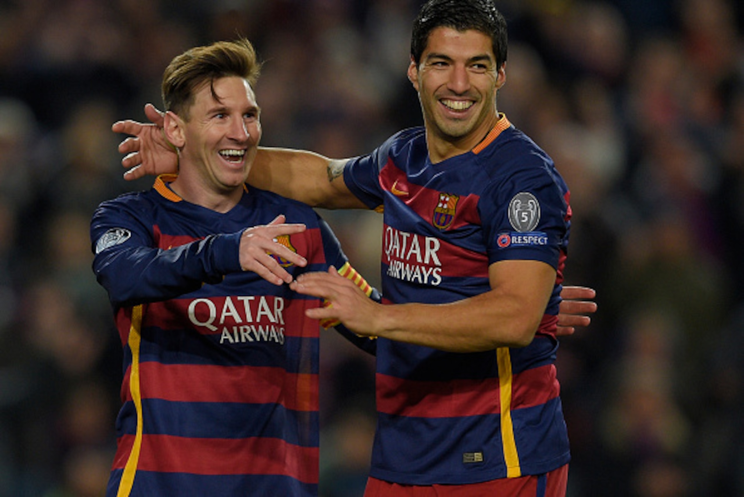 Barcelona's Argentinian forward Lionel Messi (L) and Barcelona's Uruguayan forward Luis Suarez celebrate their fourth goal during the UEFA Champions League Group E football match FC Barcelona vs AS Roma at the Camp Nou stadium in Barcelona on November 24, Barcelona's Argentinian forward Lionel Messi (L) and Barcelona's Uruguayan forward Luis Suarez celebrate their fourth goal during the UEFA Champions League Group E football match FC Barcelona vs AS Roma at the Camp Nou stadium in Barcelona on November 24,