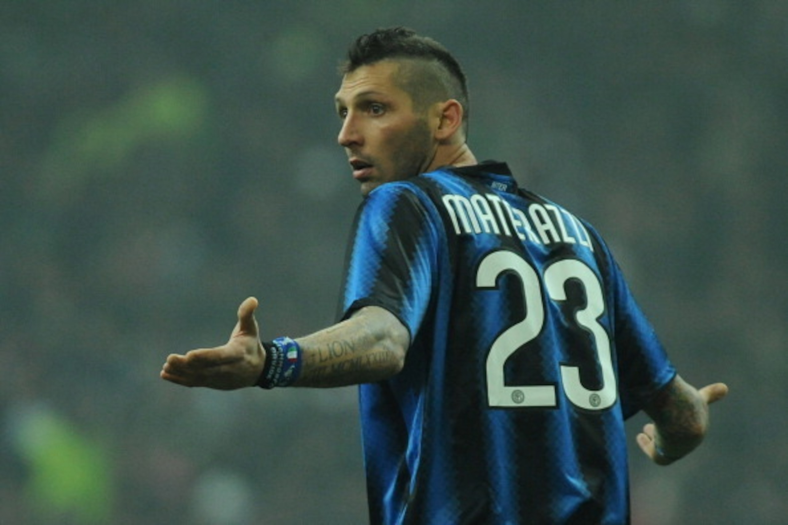 MILAN, ITALY - NOVEMBER 14:  Marco Materazzi of FC Internazionale Milano reacts during the Serie A match between FC Internazionale Milano and AC Milan at Stadio Giuseppe Meazza on November 14, 2010 in Milan, Italy.  (Photo by Valerio Pennicino/Getty Image