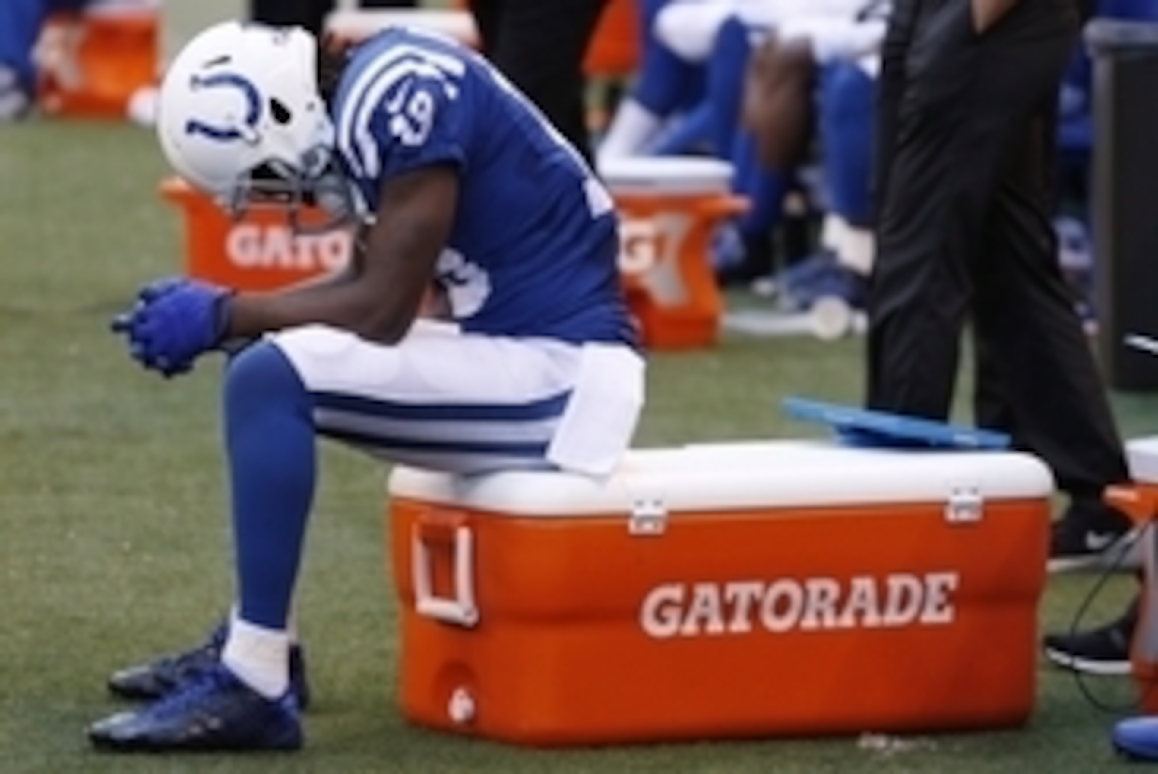Oct 25, 2015; Indianapolis, IN, USA; Indianapolis Colts wide receiver T.Y. Hilton (17) looks dejected sitting on a Gatorade cooler with a minute to go in the game against the New Orleans Saints at Lucas Oil Stadium. New Orleans defeats Indianapolis 27-21.