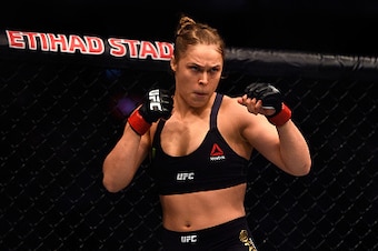 MELBOURNE, AUSTRALIA - NOVEMBER 15:  Ronda Rousey waits in her corner before facing Holly Holm in their women's bantamweight championship bout during the UFC 193 event at Etihad Stadium on November 15, 2015 in Melbourne, Australia. (Photo by Jeff Bottari/