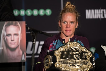 MELBOURNE, AUSTRALIA - NOVEMBER 15:  New UFC women's bantamweight champion Holly Holm of the United States speaks to the media after her victory over Ronda Rousey of the United States during the UFC 193 post fight press conference at Etihad Stadium on Nov