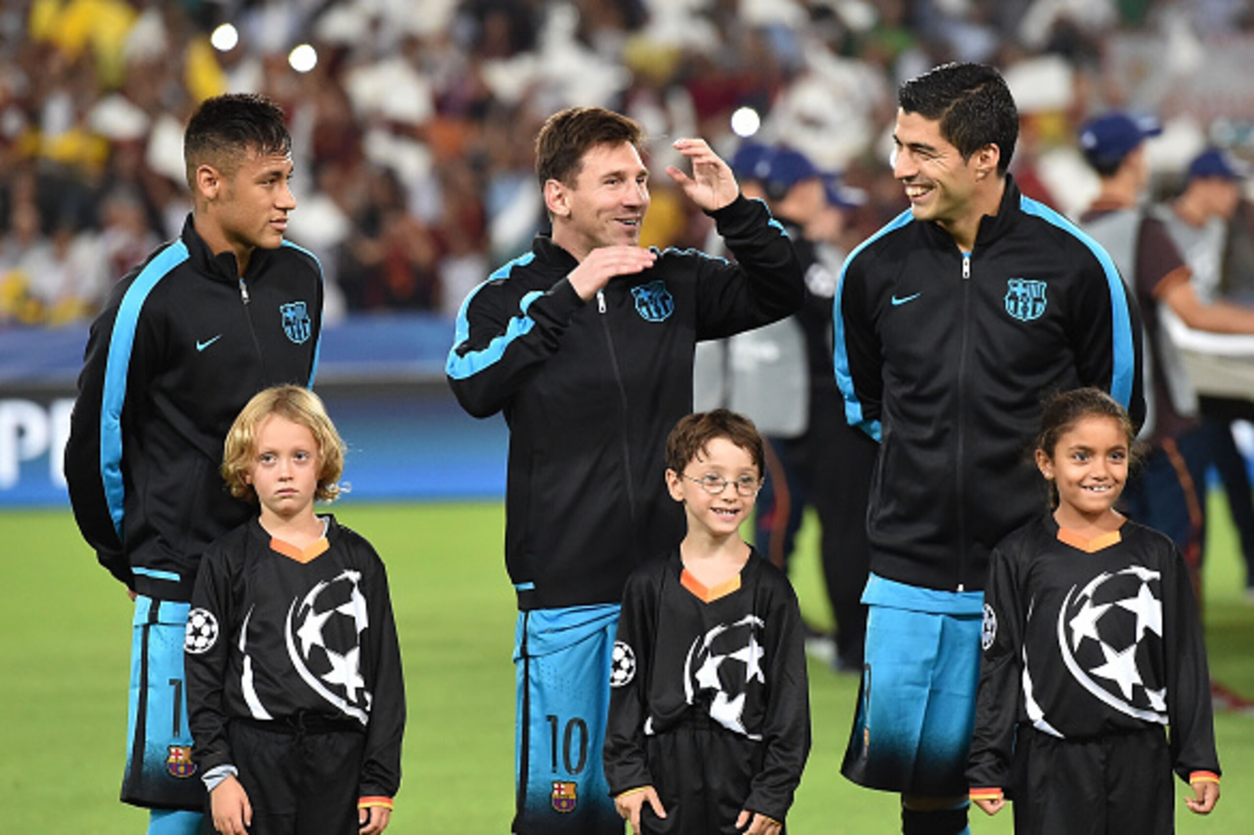 ROME, ITALY - SEPTEMBER 16: Neymar, Lionel Messi and Luis Suarez of FC Barcelona before the UEFA Champions League Group E match between AS Roma and FC Barcelona, at Olimpico Stadium on September 16, 2015 in Rome, Italy.  (Photo by Giuseppe Bellini/Getty I
