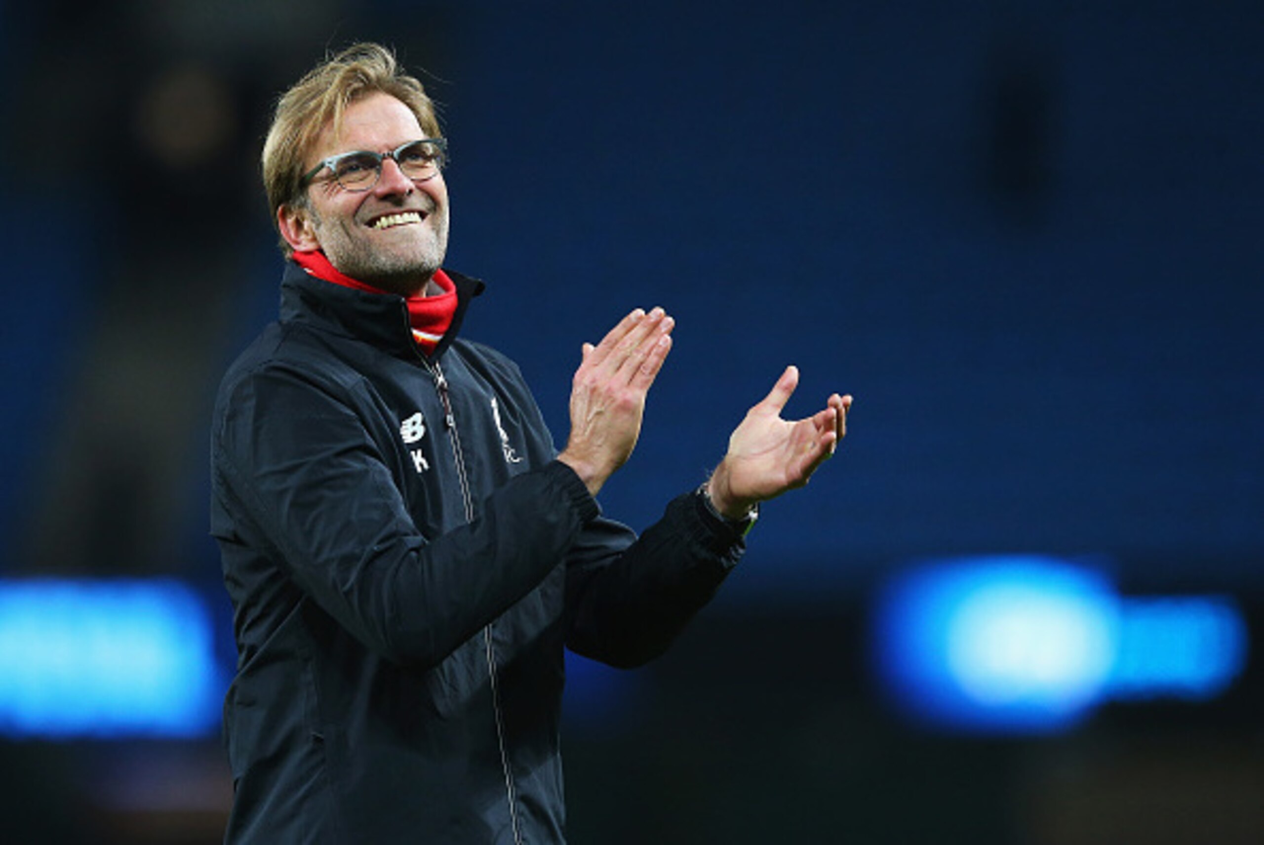 MANCHESTER, ENGLAND - NOVEMBER 21:  Jurgen Klopp, manager of Liverpool applauds the supporters after his team's 4-1 win in the Barclays Premier League match between Manchester City and Liverpool at Etihad Stadium on November 21, 2015 in Manchester, Englan