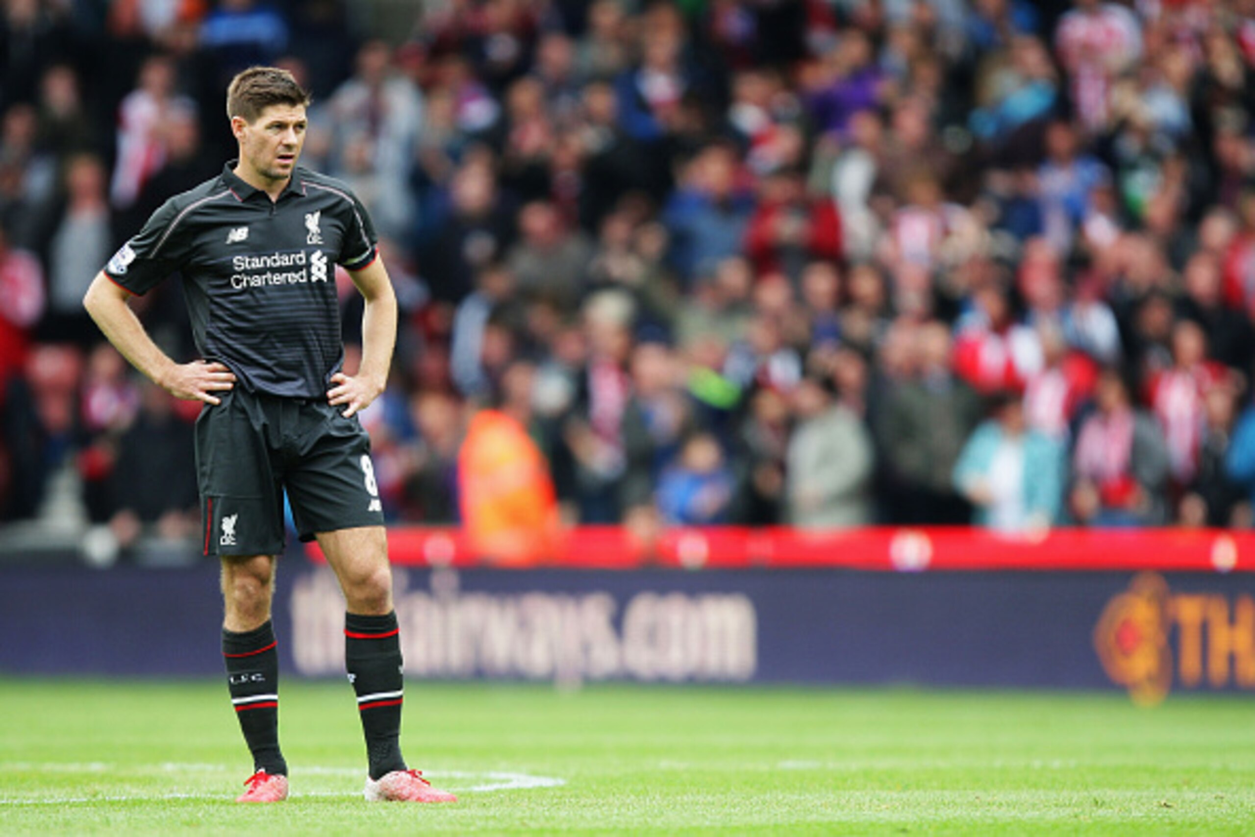 STOKE ON TRENT, ENGLAND - MAY 24: Steven Gerrard of Liverpool reacts during the Barclays Premier League match between Stoke City and Liverpool at Britannia Stadium on May 24, 2015 in Stoke on Trent, England.  (Photo by Dave Thompson/Getty Images)