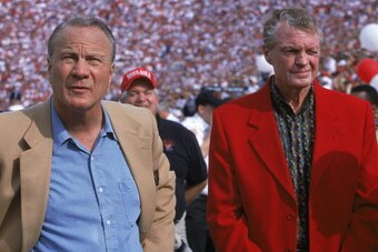 28 Oct 2000:  (L-R) Former Head Coach Barry Switzer of the Oklahoma Sooners stands with the Former Head Coach Tom Osborne of the Nebraska Cornhuskers during the game at the Oklahoma Memorial Stadium in Norman, Oklahoma. The Sooners defeated the Cornhusker