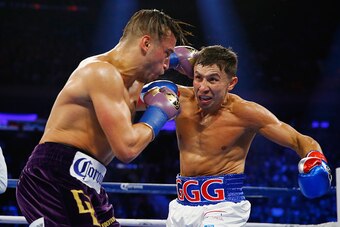 NEW YORK, NY - OCTOBER 17:  Gennady Golovkin punches David Lemieux during their WBA/WBC interim/IBF middleweight title unification bout at Madison Square Garden on October 17, 2015 in New York City.  (Photo by Al Bello/Getty Images)