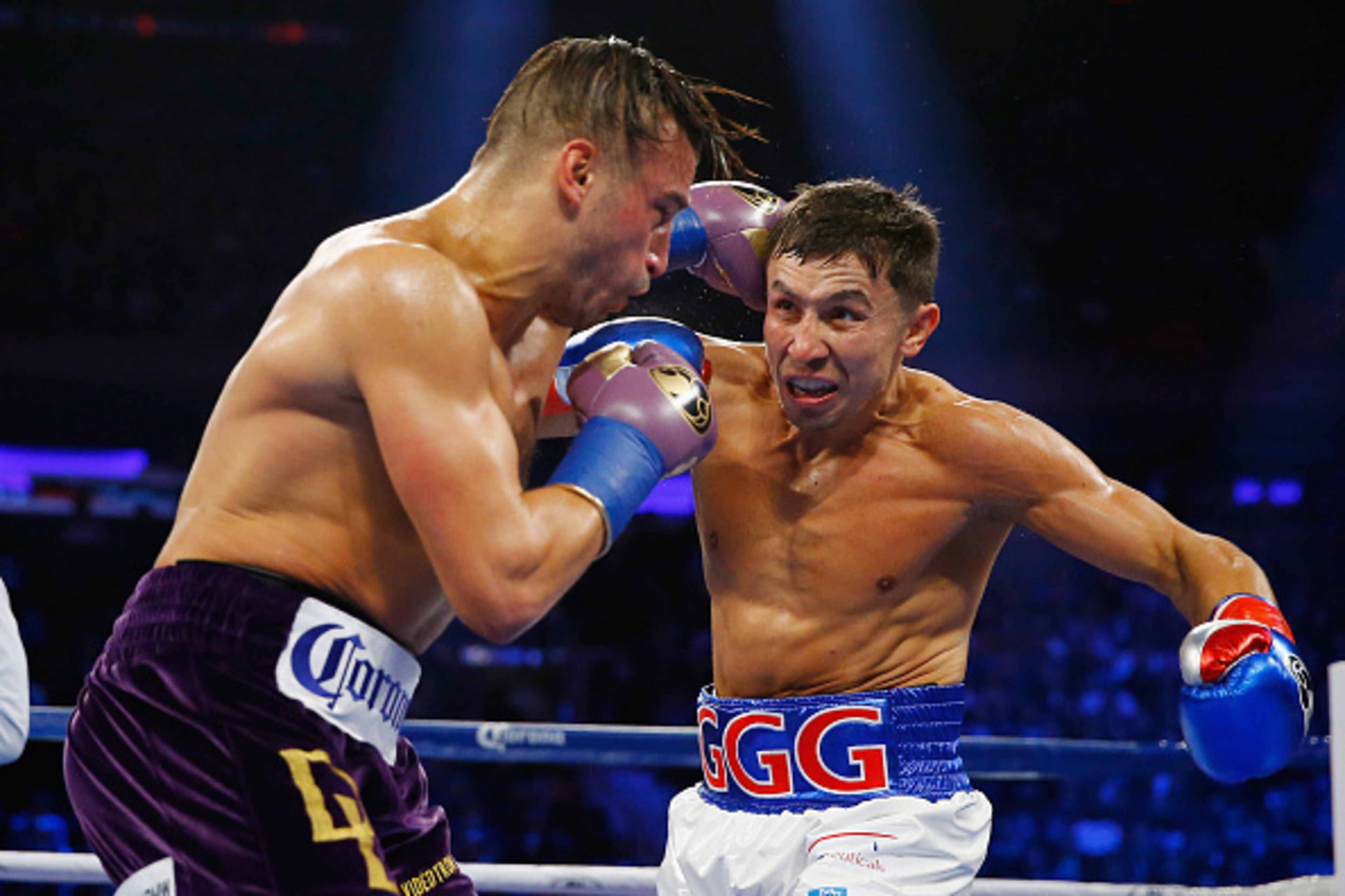 NEW YORK, NY - OCTOBER 17:  Gennady Golovkin punches David Lemieux during their WBA/WBC interim/IBF middleweight title unification bout at Madison Square Garden on October 17, 2015 in New York City.  (Photo by Al Bello/Getty Images)