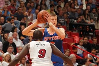 MIAMI, FL - NOVEMBER 23: Kristaps Porzingis #6 of the New York Knicks handles the ball against the Miami Heat on November 23, 2015 at American Airlines Arena in Miami, Florida. NOTE TO USER: User expressly acknowledges and agrees that, by downloading and MIAMI, FL - NOVEMBER 23: Kristaps Porzingis #6 of the New York Knicks handles the ball against the Miami Heat on November 23, 2015 at American Airlines Arena in Miami, Florida. NOTE TO USER: User expressly acknowledges and agrees that, by downloading and