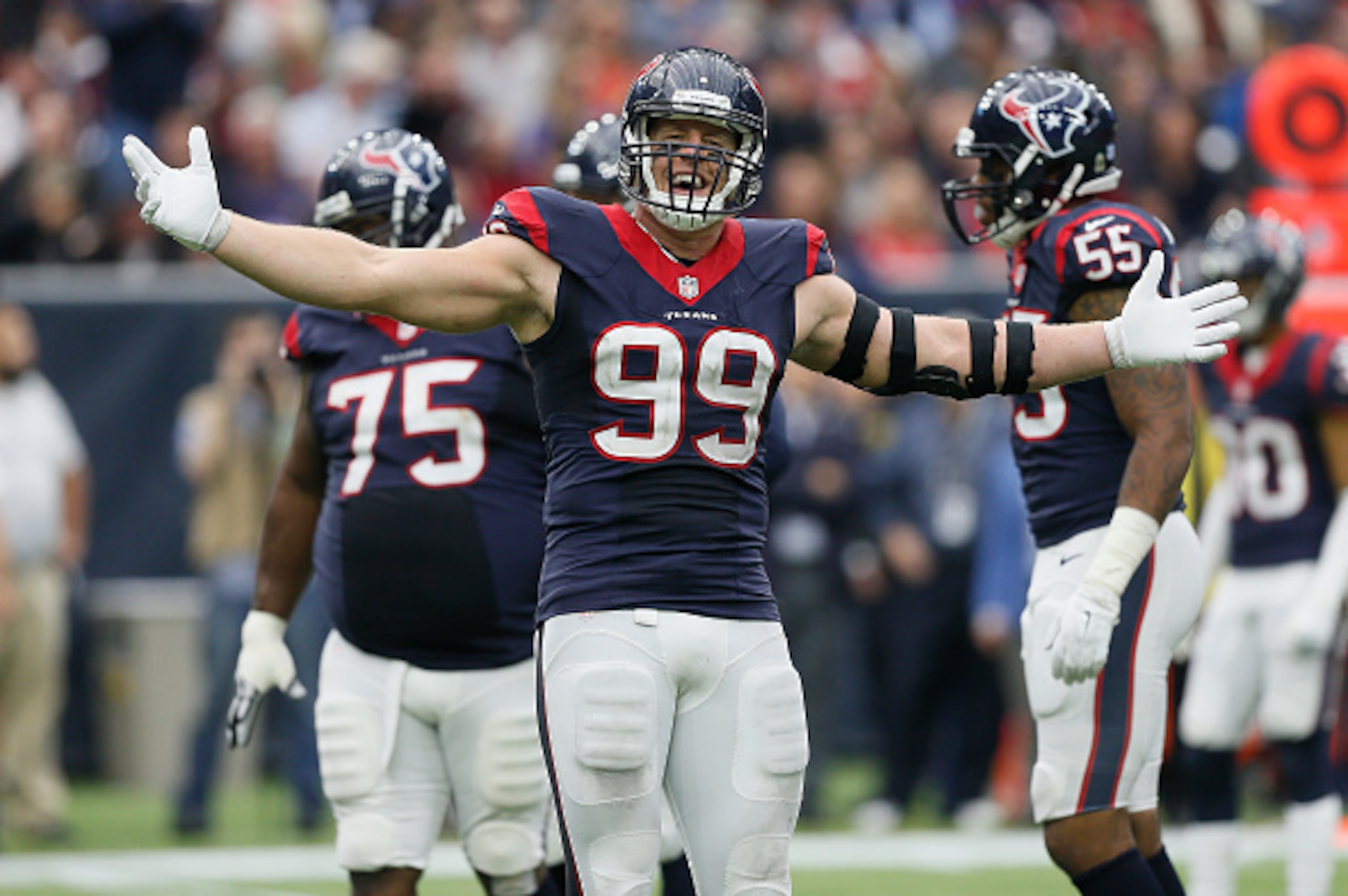 HOUSTON, TX - NOVEMBER 22:  J.J. Watt #99 of the Houston Texans gets the crowd into the against the New York Jets at NRG Stadium on November 22, 2015 in Houston, Texas.  (Photo by Bob Levey/Getty Images)