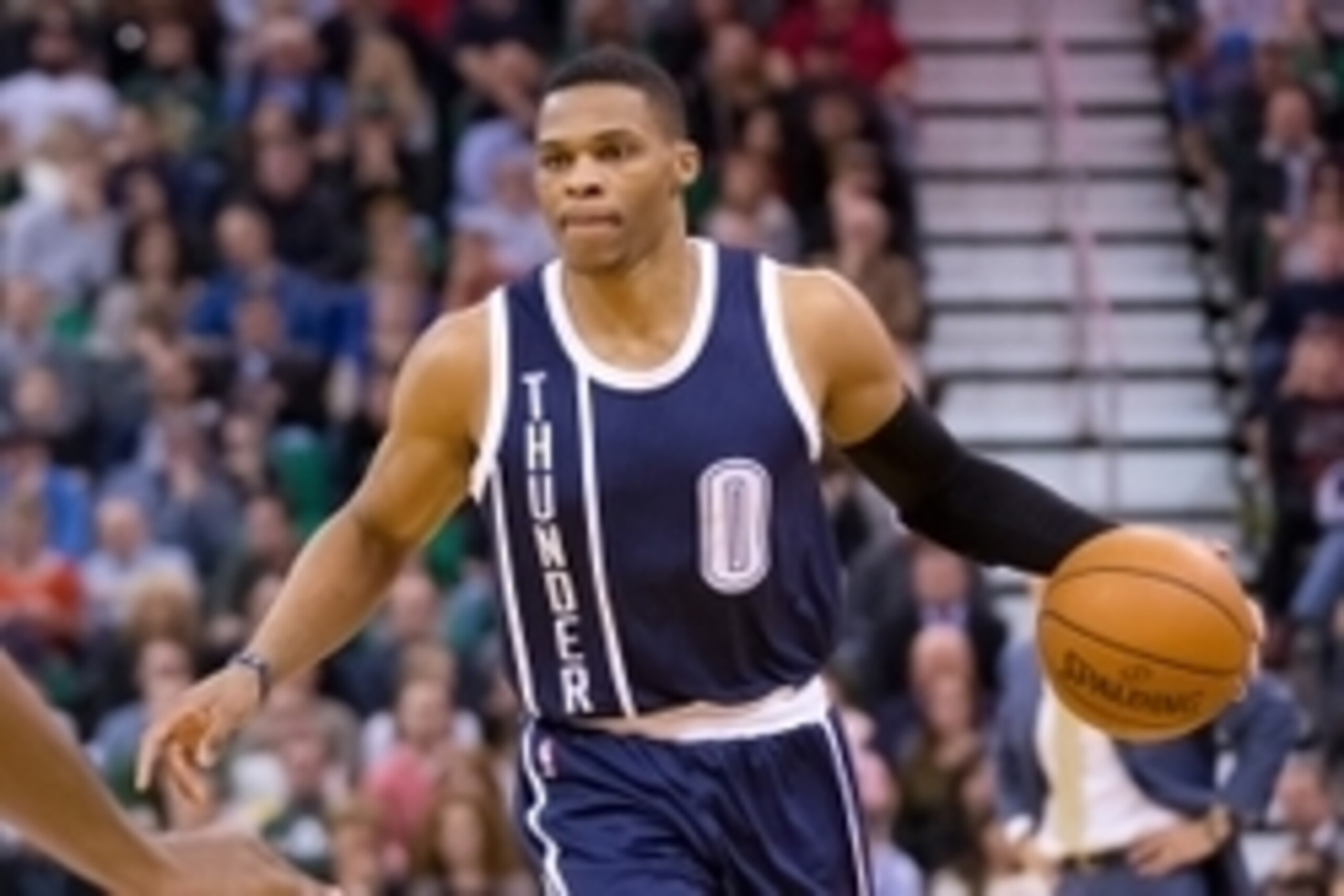 Nov 23, 2015; Salt Lake City, UT, USA; Oklahoma City Thunder guard Russell Westbrook (0) dribbles the ball during the first half against the Utah Jazz at Vivint Smart Home Arena. Oklahoma City won 111-89. Mandatory Credit: Russ Isabella-USA TODAY Sports Nov 23, 2015; Salt Lake City, UT, USA; Oklahoma City Thunder guard Russell Westbrook (0) dribbles the ball during the first half against the Utah Jazz at Vivint Smart Home Arena. Oklahoma City won 111-89. Mandatory Credit: Russ Isabella-USA TODAY Sports