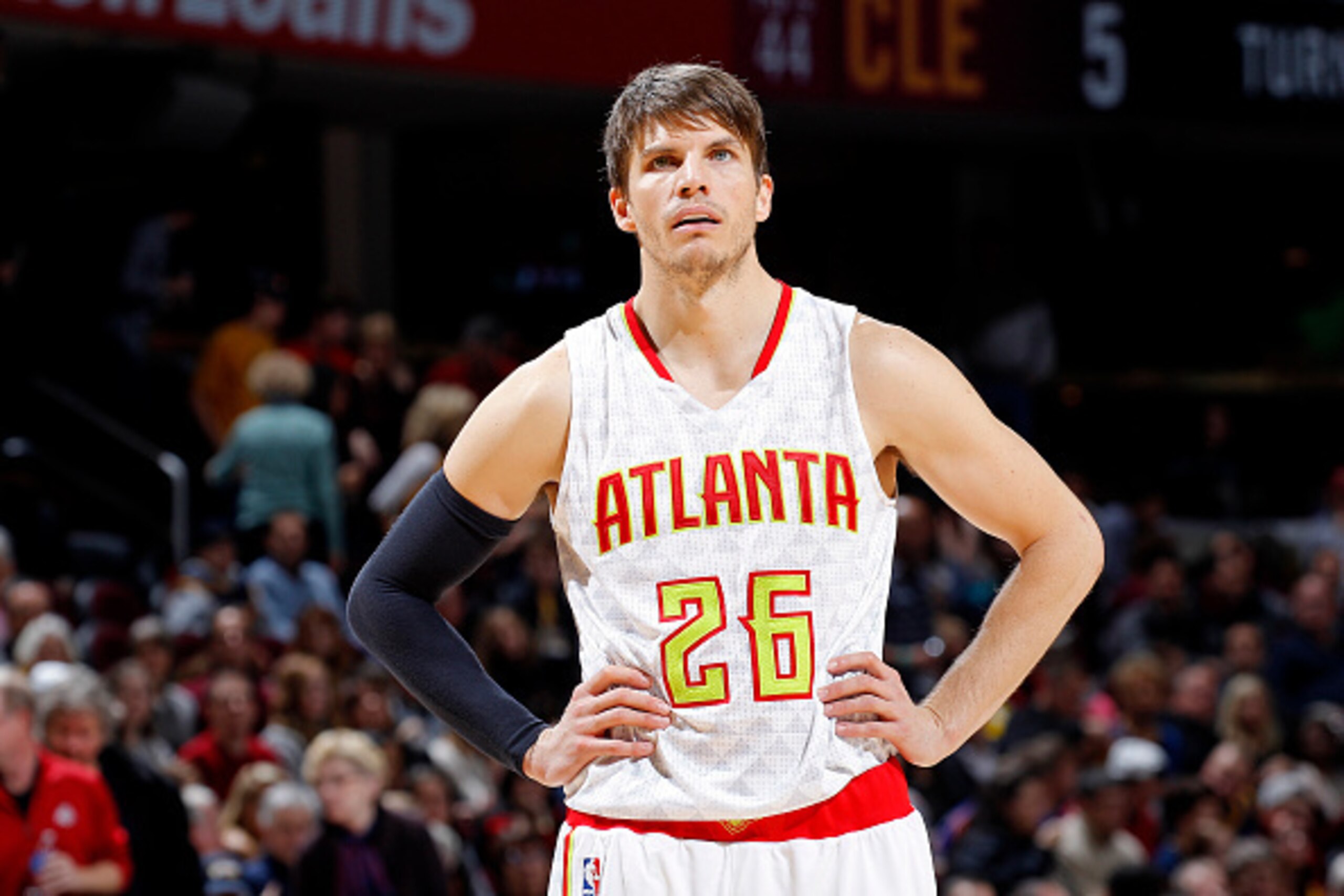 CLEVELAND, OH - NOVEMBER 21: Kyle Korver #26 of the Atlanta Hawks looks on during the game against the Cleveland Cavaliers on November 21, 2015 at Quicken Loans Arena in Cleveland, Ohio. NOTE TO USER: User expressly acknowledges and agrees that, by downlo CLEVELAND, OH - NOVEMBER 21: Kyle Korver #26 of the Atlanta Hawks looks on during the game against the Cleveland Cavaliers on November 21, 2015 at Quicken Loans Arena in Cleveland, Ohio. NOTE TO USER: User expressly acknowledges and agrees that, by downlo