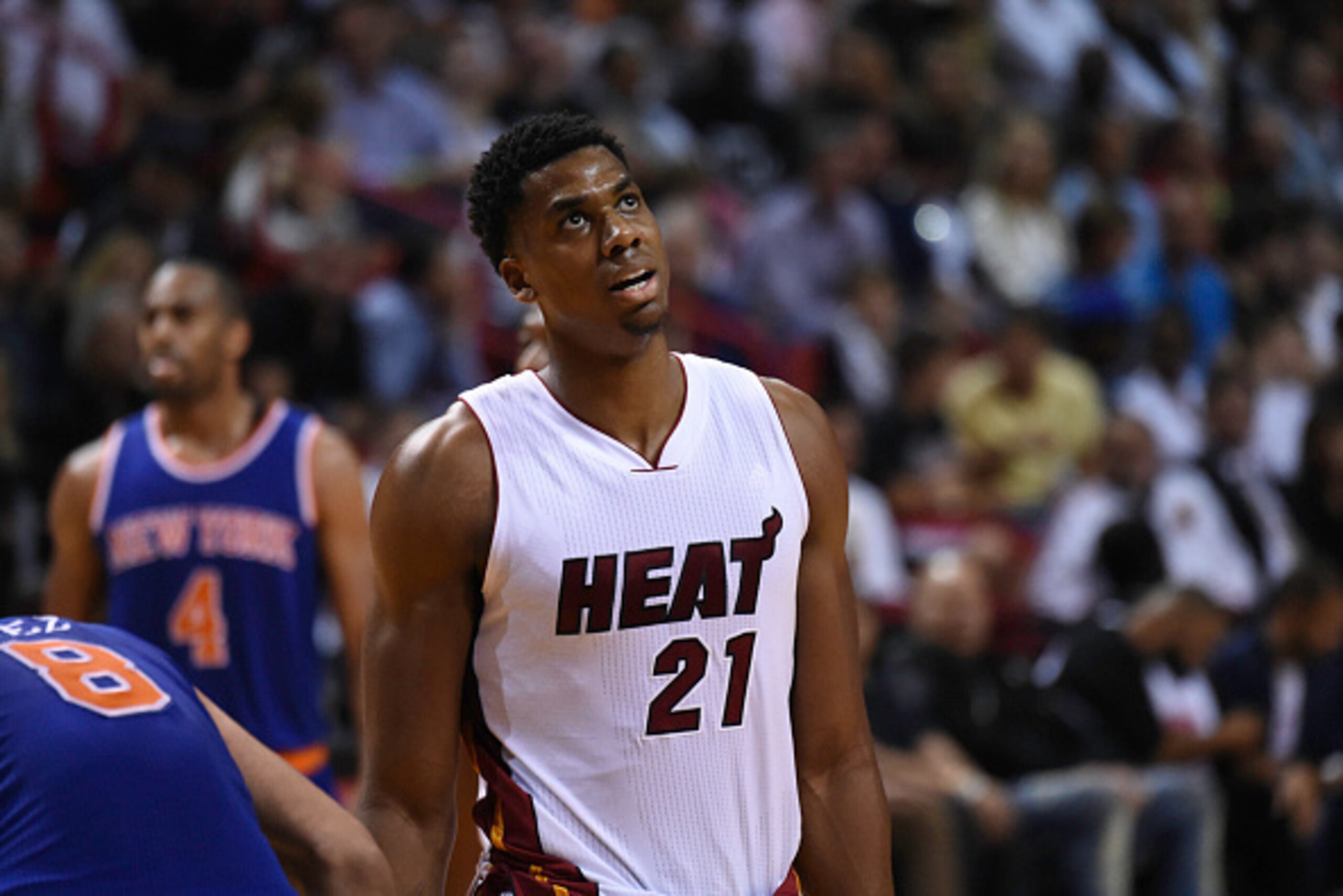 MIAMI, FL - NOVEMBER 23: Hassan Whiteside #21 of the Miami Heat looks on during a NBA game against the New York Knicks at American Airlines Arena on November 23, 2015 in Miami, Florida. NOTE TO USER: User expressly acknowledges and agrees that, by downlo MIAMI, FL - NOVEMBER 23: Hassan Whiteside #21 of the Miami Heat looks on during a NBA game against the New York Knicks at American Airlines Arena on November 23, 2015 in Miami, Florida. NOTE TO USER: User expressly acknowledges and agrees that, by downlo
