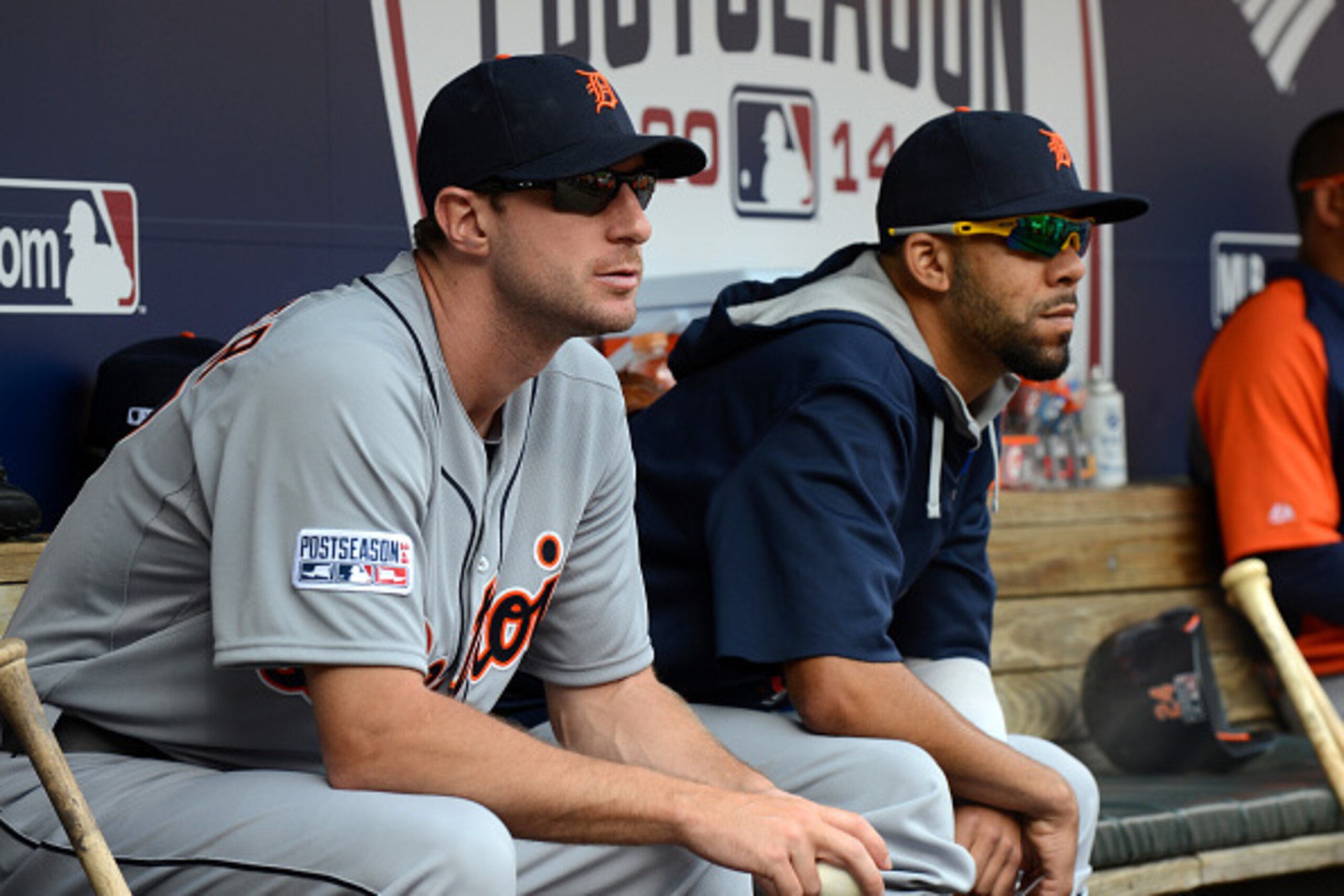 BALTIMORE, MD - OCTOBER 03:  Max Scherzer #37 (L) and David Price #14 of the Detroit Tigers look on from the dugout during Game Two of the American League Division Series against the Baltimore Orioles at Oriole Park at Camden Yards on October 3, 2014 in B