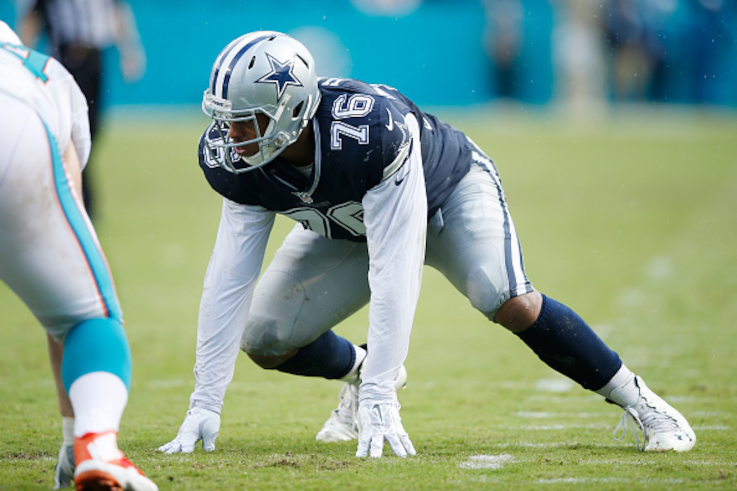 MIAMI GARDENS, FL - NOVEMBER 22: Greg Hardy #76 of the Dallas Cowboys in action against the Miami Dolphins during the game at Sun Life Stadium on November 22, 2015 in Miami Gardens, Florida. Dallas defeated Miami 24-14. (Photo by Joe Robbins/Getty Images)