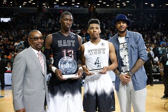 NEW YORK, NY - APRIL 17:  (L-R) President of the Jordan Brand Larry Miller, East Team MVP Cheick Diallo (Centereach, NY), West Team MVP Allonzo Trier (Henderson, NV) and Jordan Brand athlete Carmelo Anthony at the 2015 Jordan Brand Classic at Barclays Cen