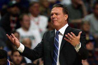 CHICAGO, IL - NOVEMBER 17:  Head coach Bill Self of the Kansas Jayhawks complains to a referee as his team takes on the Michigan State Spartans during the Champions Classic at the United Center on November 17, 2015 in Chicago, Illinois.  (Photo by Jonatha