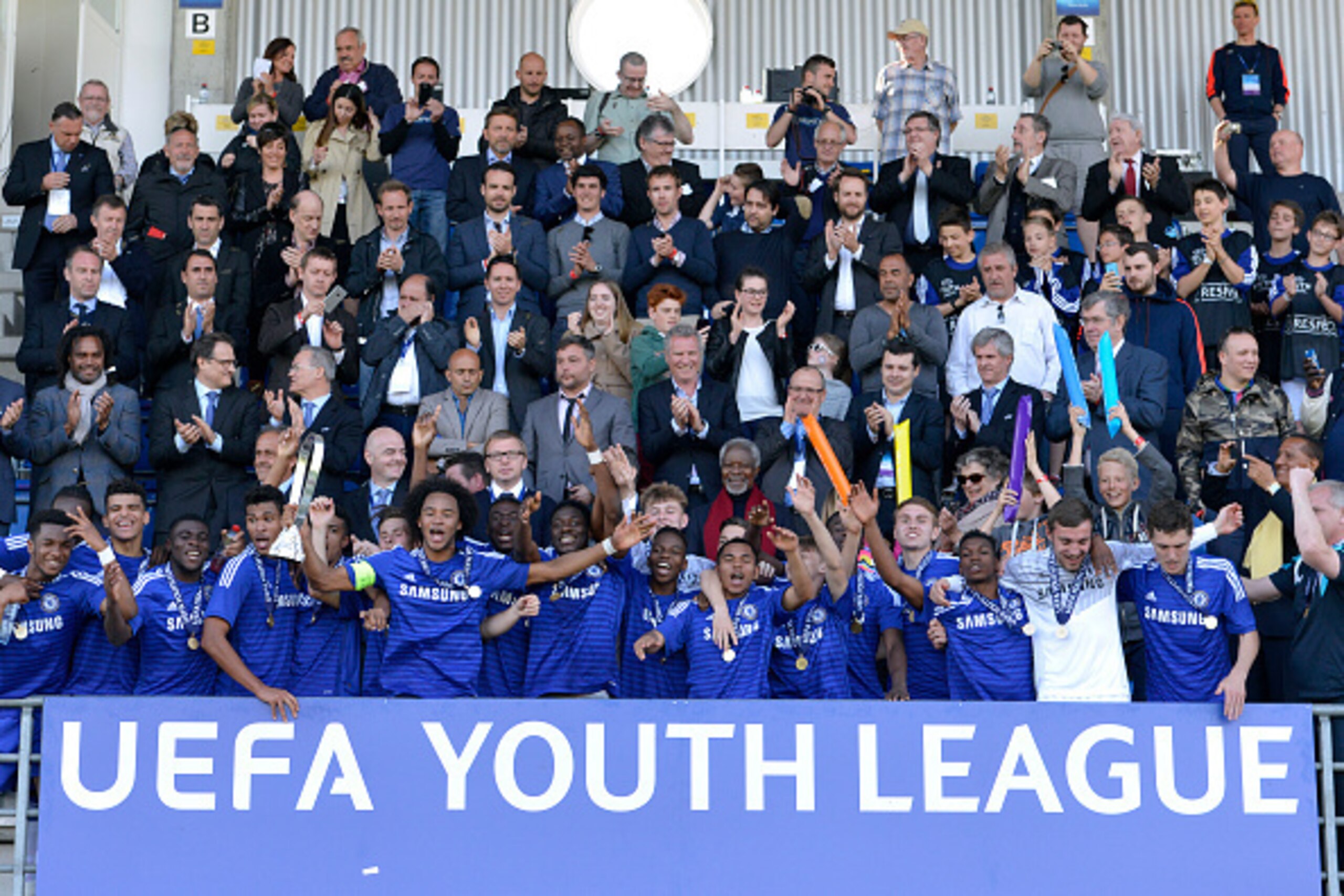 NYON, SWITZERLAND - APRIL 13:  Chelsea FC celebrate their victory with the Lennart Johansson trophy following the UEFA Youth League final match between FC Shakhtar Donetsk and Chelsea FC at Colovray on April 13, 2015 in Nyon, Switzerland.  (Photo by Harol