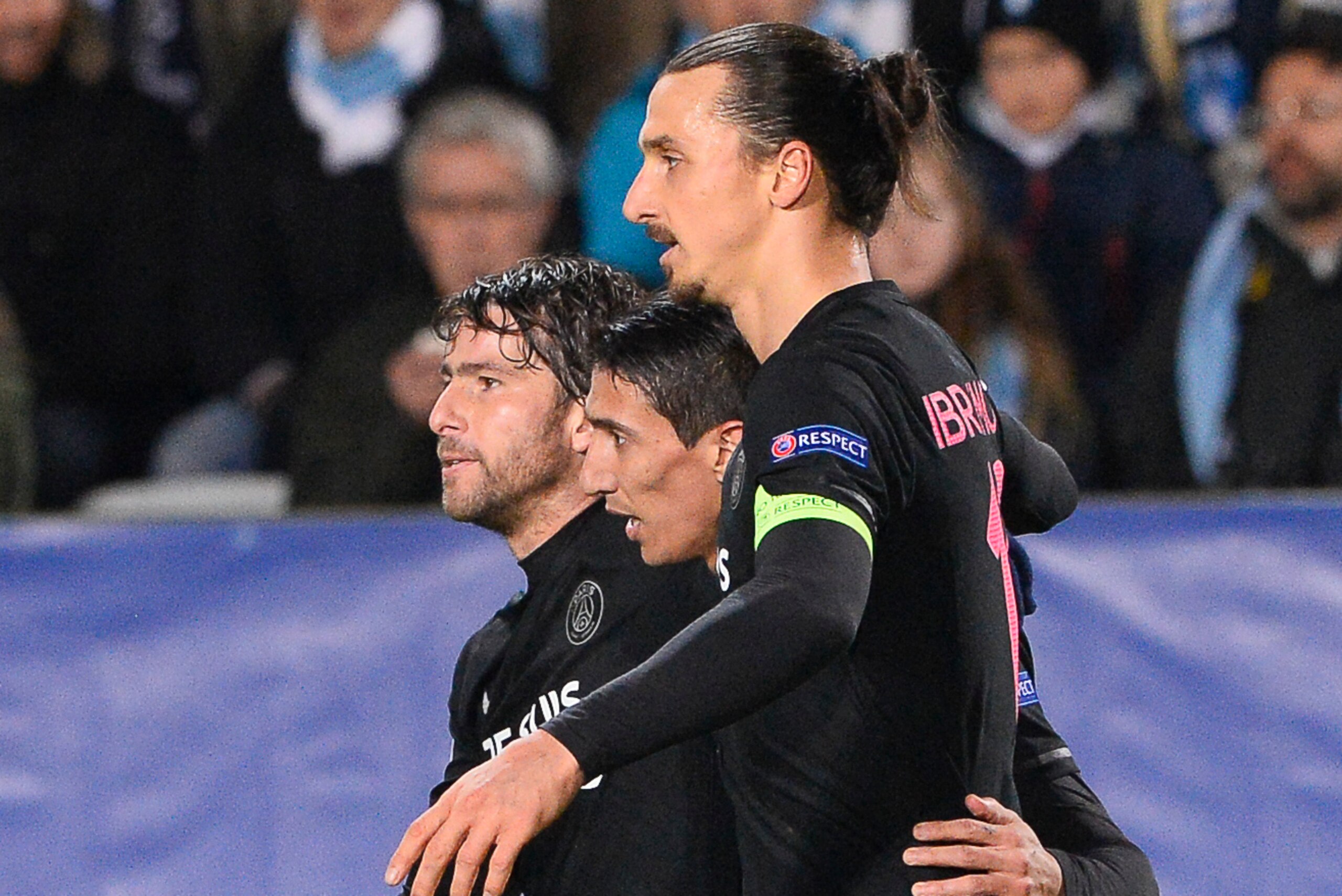 Paris Saint-Germain`s Argentinian midfielder Angel Di Maria (C) celebrates with his teammates Swedish forward Zlatan Ibrahimovic (R) and Brazilian defender Maxwell after scoring a goal during the UEFA Champions League Group A, second-leg football match Ma Paris Saint-Germain`s Argentinian midfielder Angel Di Maria (C) celebrates with his teammates Swedish forward Zlatan Ibrahimovic (R) and Brazilian defender Maxwell after scoring a goal during the UEFA Champions League Group A, second-leg football match Ma