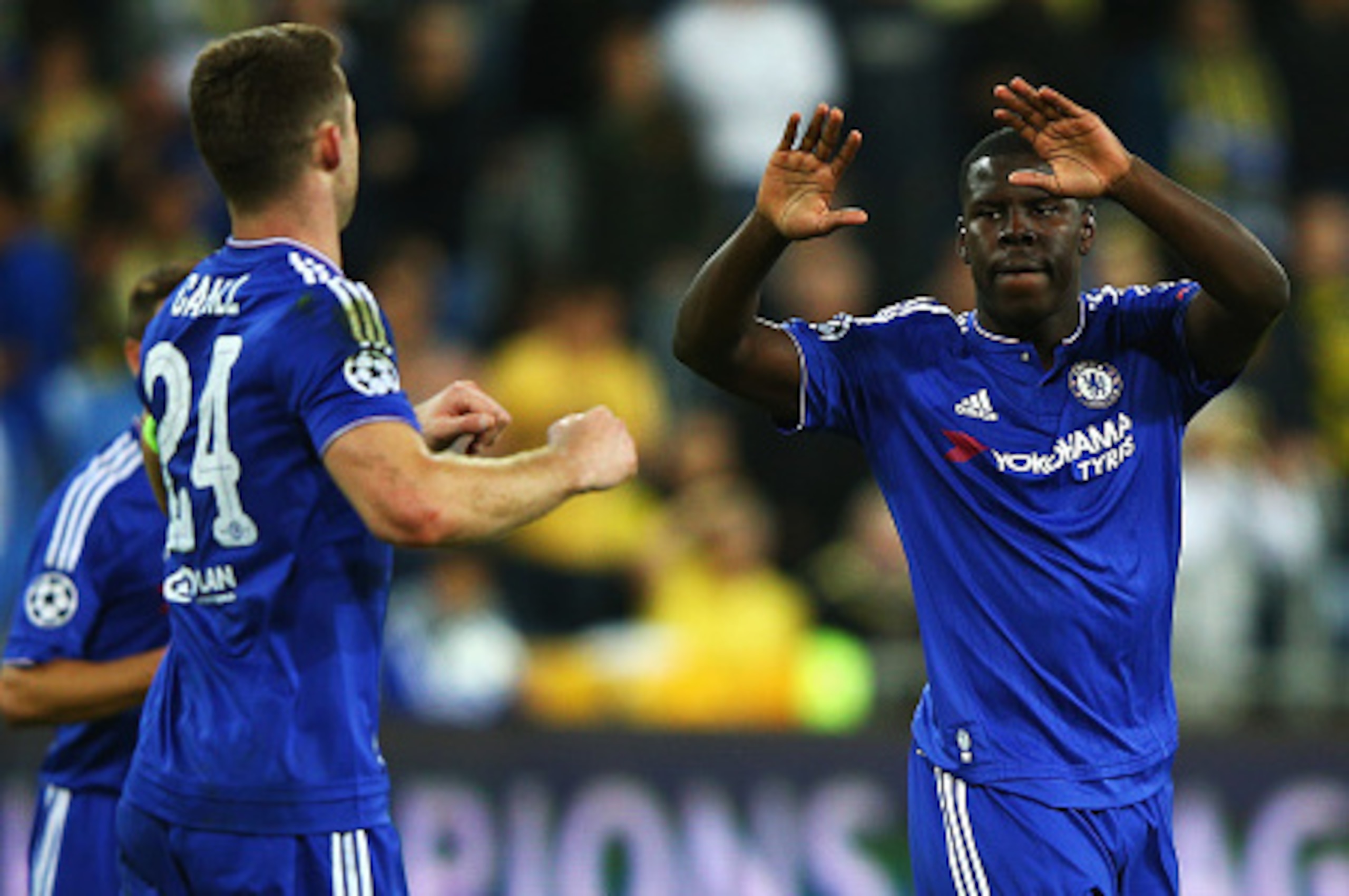 HAIFA, ISRAEL - NOVEMBER 24:  Kurt Zouma of Chelsea celebrates scoring his teams fourth goal with Gary Cahill of Chelsea during the UEFA Champions League Group G match between Maccabi Tel-Aviv FC and Chelsea FC at Sammy Ofer Stadium on November 24, 2015 i