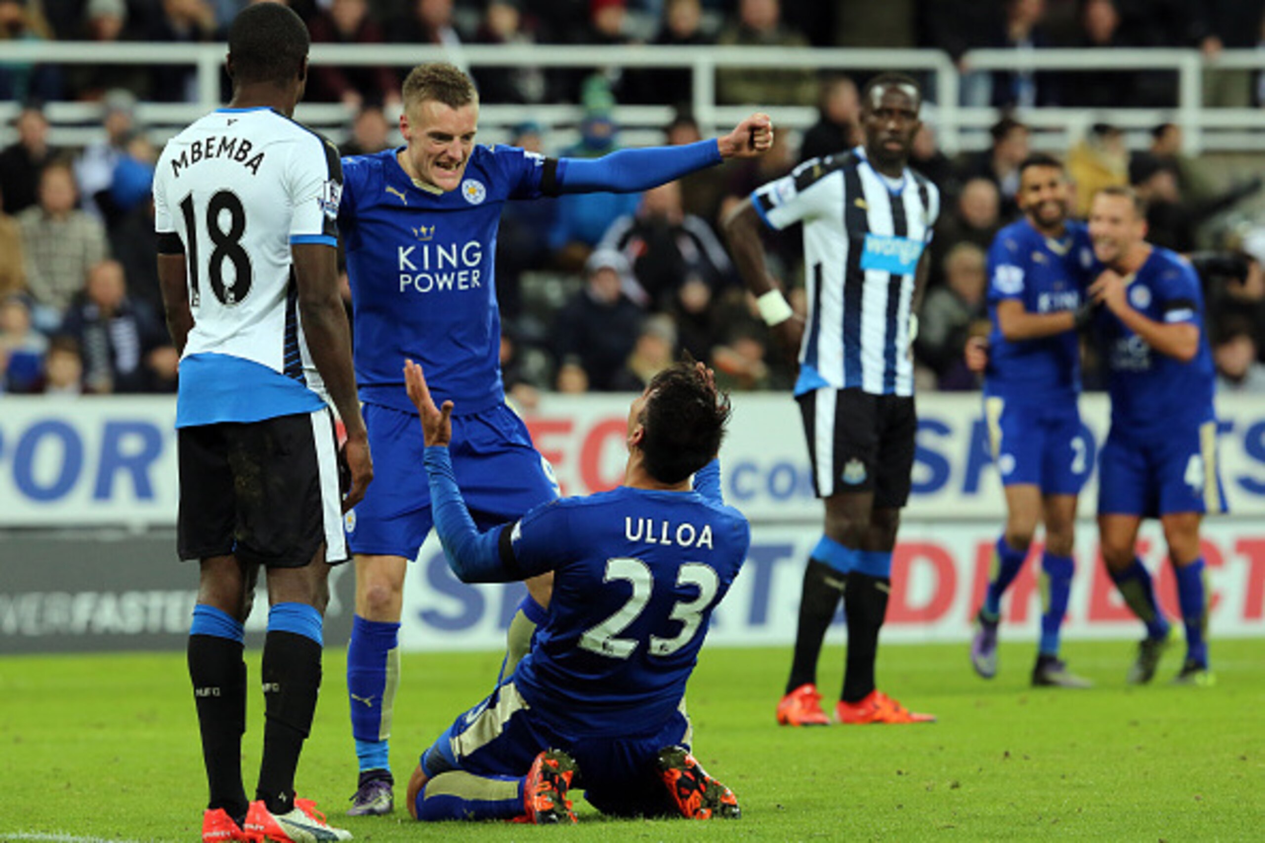 NEWCASTLE, UNITED KINGDOM - NOVEMBER 21 :Jamie Vardy (facing) celebrates with Leonardo Ulloa of Leicester City after Ulloa scored the second Leicester goal during the Barclays Premier League match between Newcastle United and Leicester City at St James' P