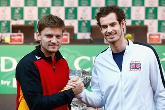 GHENT, BELGIUM - NOVEMBER 26:  Andy Murray of Great Britain and David Goffin of Great Britain shake hands at the draw ahead of the start of the Davis Cup Final at Flanders Expo on November 26, 2015 in Ghent, Belgium.  (Photo by Julian Finney/Getty Images)