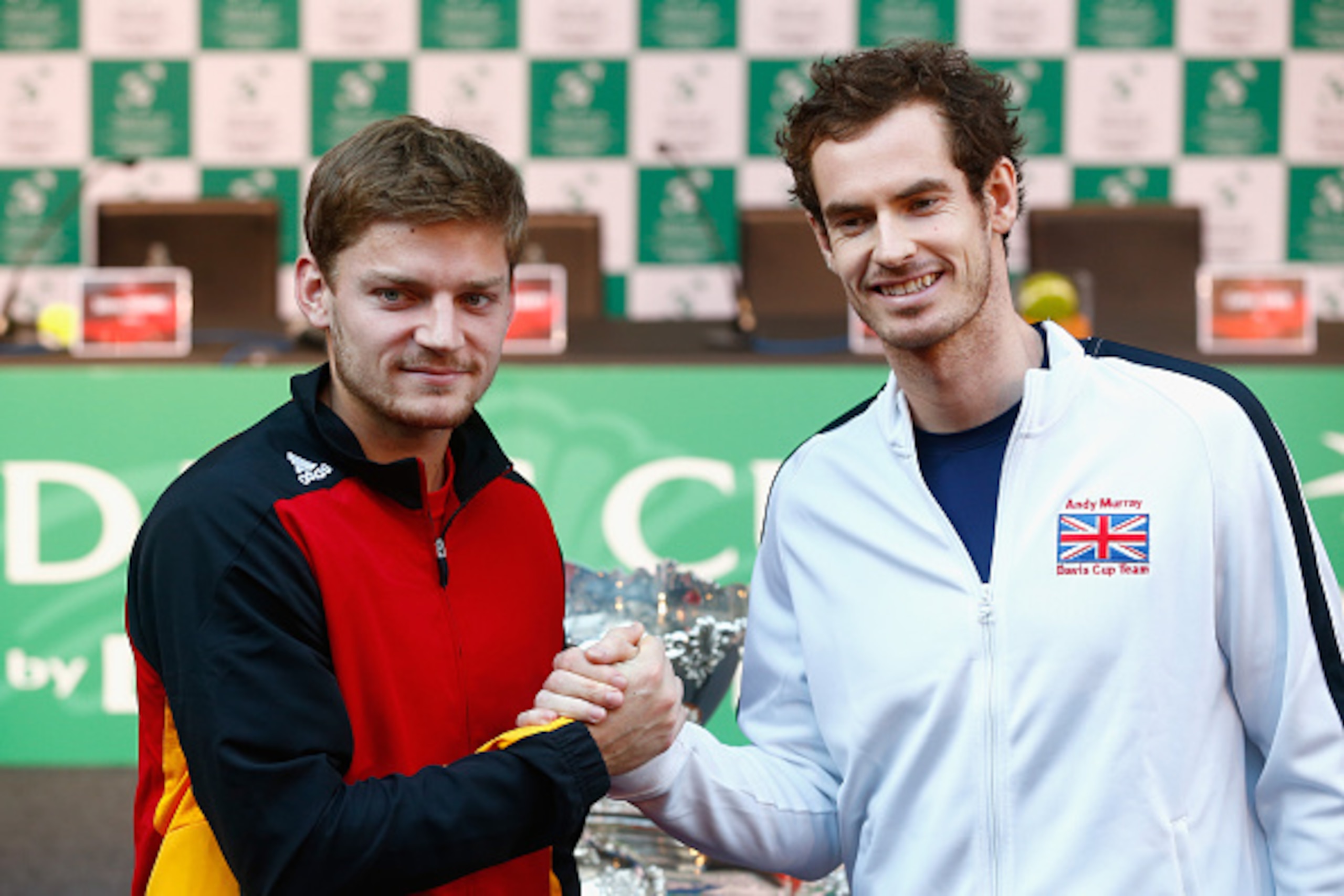 GHENT, BELGIUM - NOVEMBER 26:  Andy Murray of Great Britain and David Goffin of Great Britain shake hands at the draw ahead of the start of the Davis Cup Final at Flanders Expo on November 26, 2015 in Ghent, Belgium.  (Photo by Julian Finney/Getty Images)
