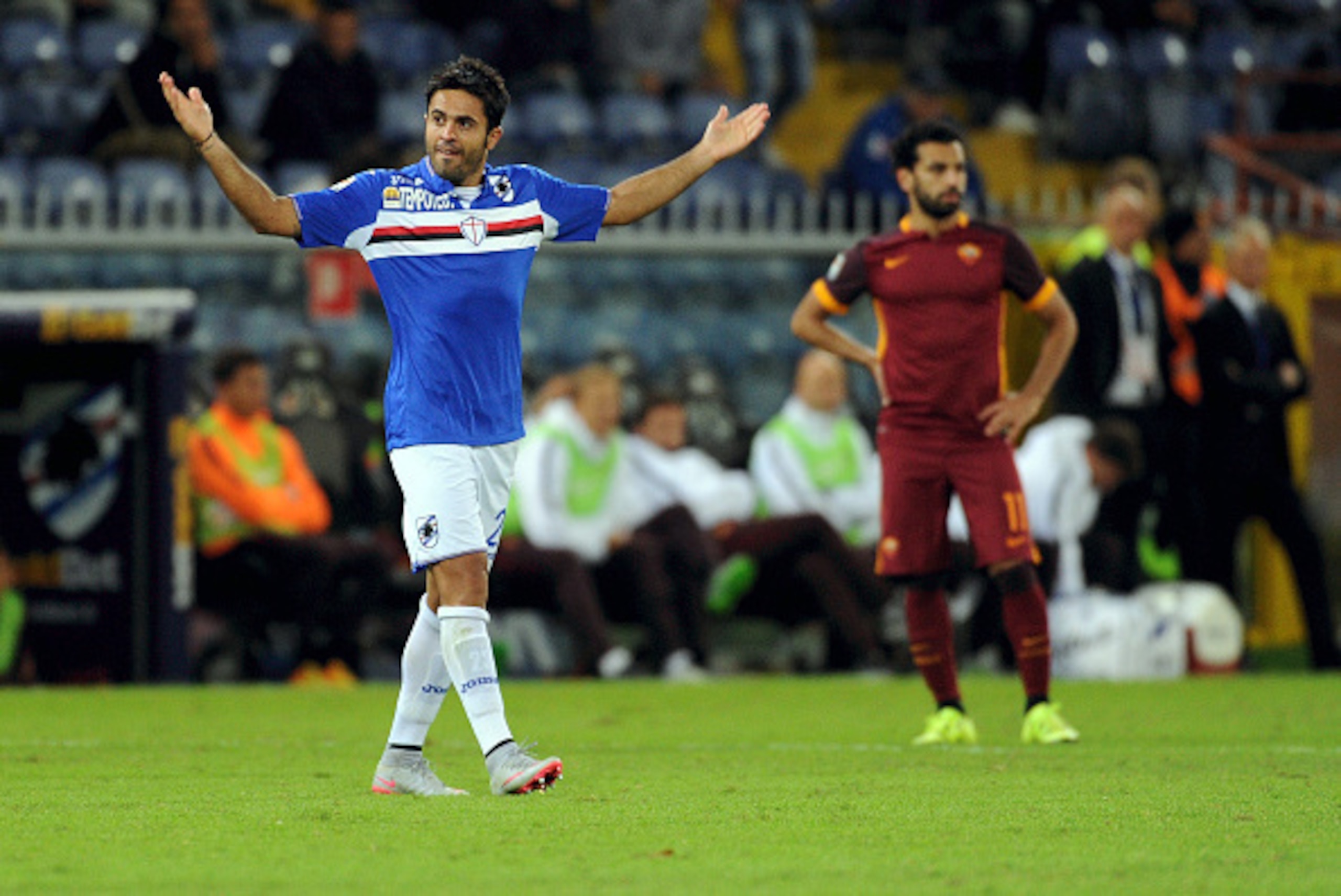 GENOA, ITALY - SEPTEMBER 23: Citadin Eder of UC Sampdoria celebrates his first goal during the Serie A match between UC Sampdoria and AS Roma at Stadio Luigi Ferraris on September 23, 2015 in Genoa, Italy. (Photo by Pier Marco Tacca/Getty Images) GENOA, ITALY - SEPTEMBER 23: Citadin Eder of UC Sampdoria celebrates his first goal during the Serie A match between UC Sampdoria and AS Roma at Stadio Luigi Ferraris on September 23, 2015 in Genoa, Italy. (Photo by Pier Marco Tacca/Getty Images)
