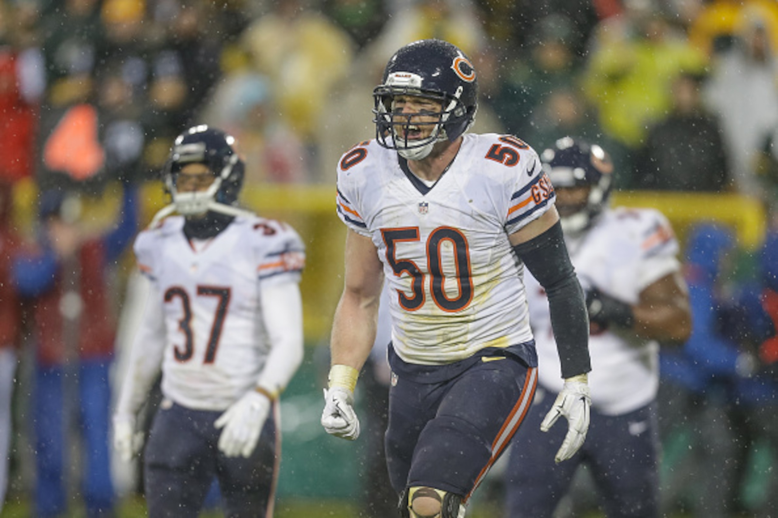 GREEN BAY, WI - NOVEMBER 26:  Shea McClellin #50 of the Chicago Bears reacts after the Bears defeat the Green Bay Packers at Lambeau Field on November 26, 2015 in Green Bay, Wisconsin. The Chicago Bears defeated the Green Bay Packers 17 to 13.  (Photo by 