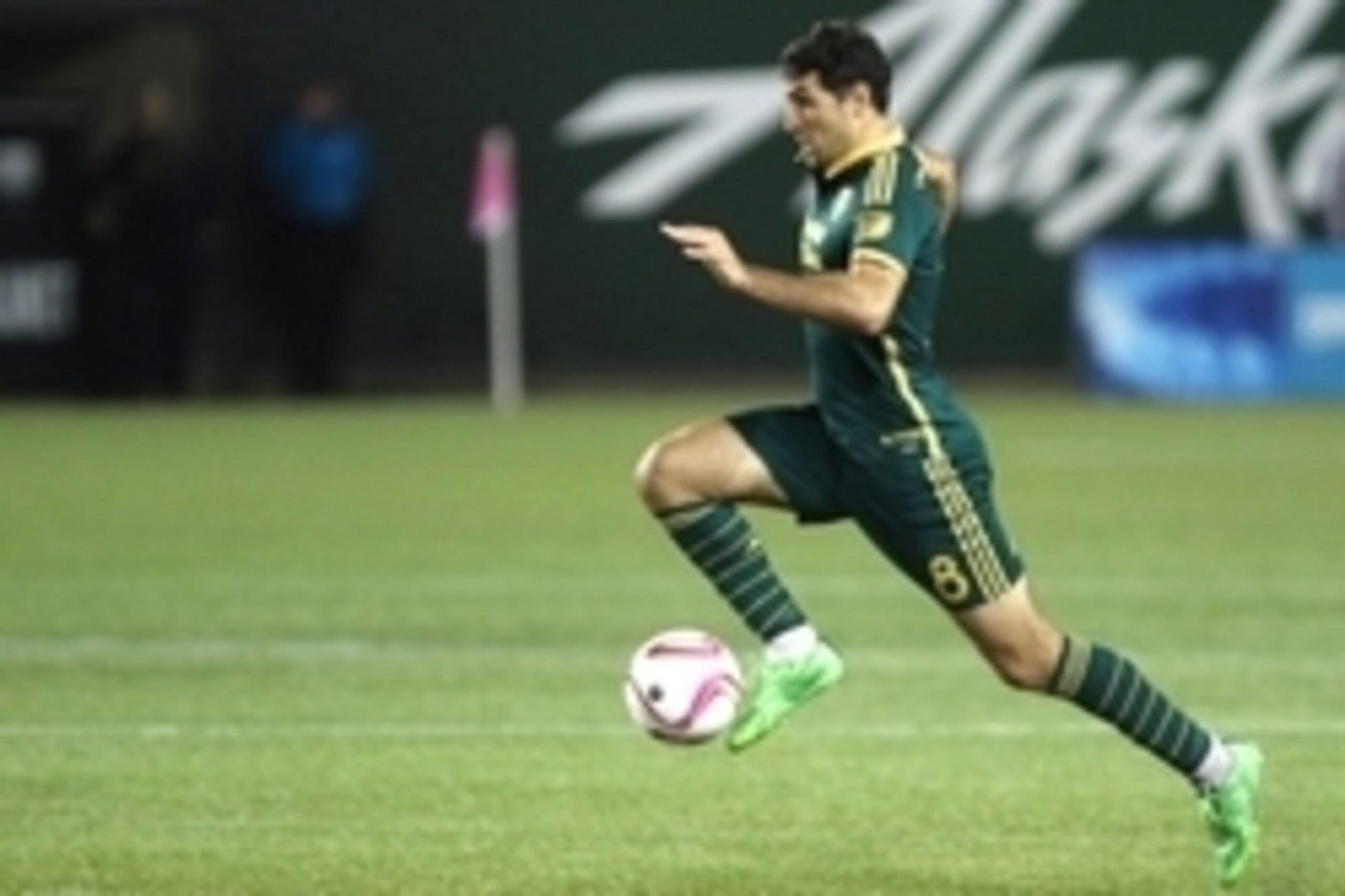 Oct 29, 2015; Portland, OR, USA;  Portland Timbers midfielder Diego Valeri (8) heads upfield against the Sporting KC at Providence Park. Mandatory Credit: Jaime Valdez-USA TODAY Sports