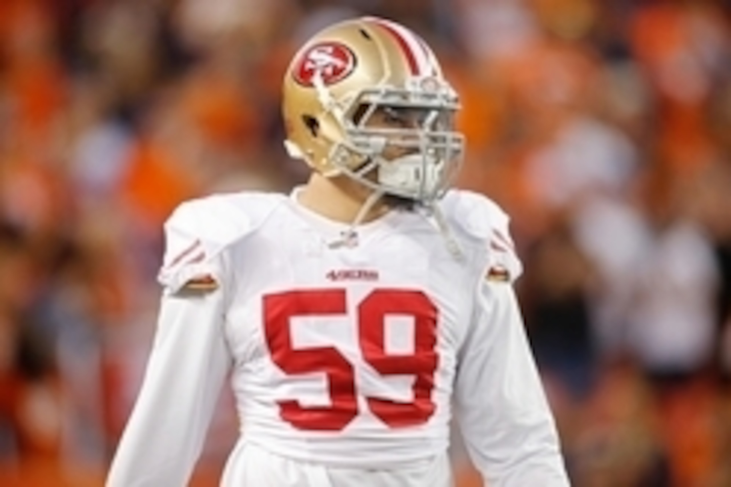 Oct 19, 2014; Denver, CO, USA; San Francisco 49ers linebacker Aaron Lynch (59) before the game against the Denver Broncos at Sports Authority Field at Mile High. Mandatory Credit: Chris Humphreys-USA TODAY Sports Oct 19, 2014; Denver, CO, USA; San Francisco 49ers linebacker Aaron Lynch (59) before the game against the Denver Broncos at Sports Authority Field at Mile High. Mandatory Credit: Chris Humphreys-USA TODAY Sports