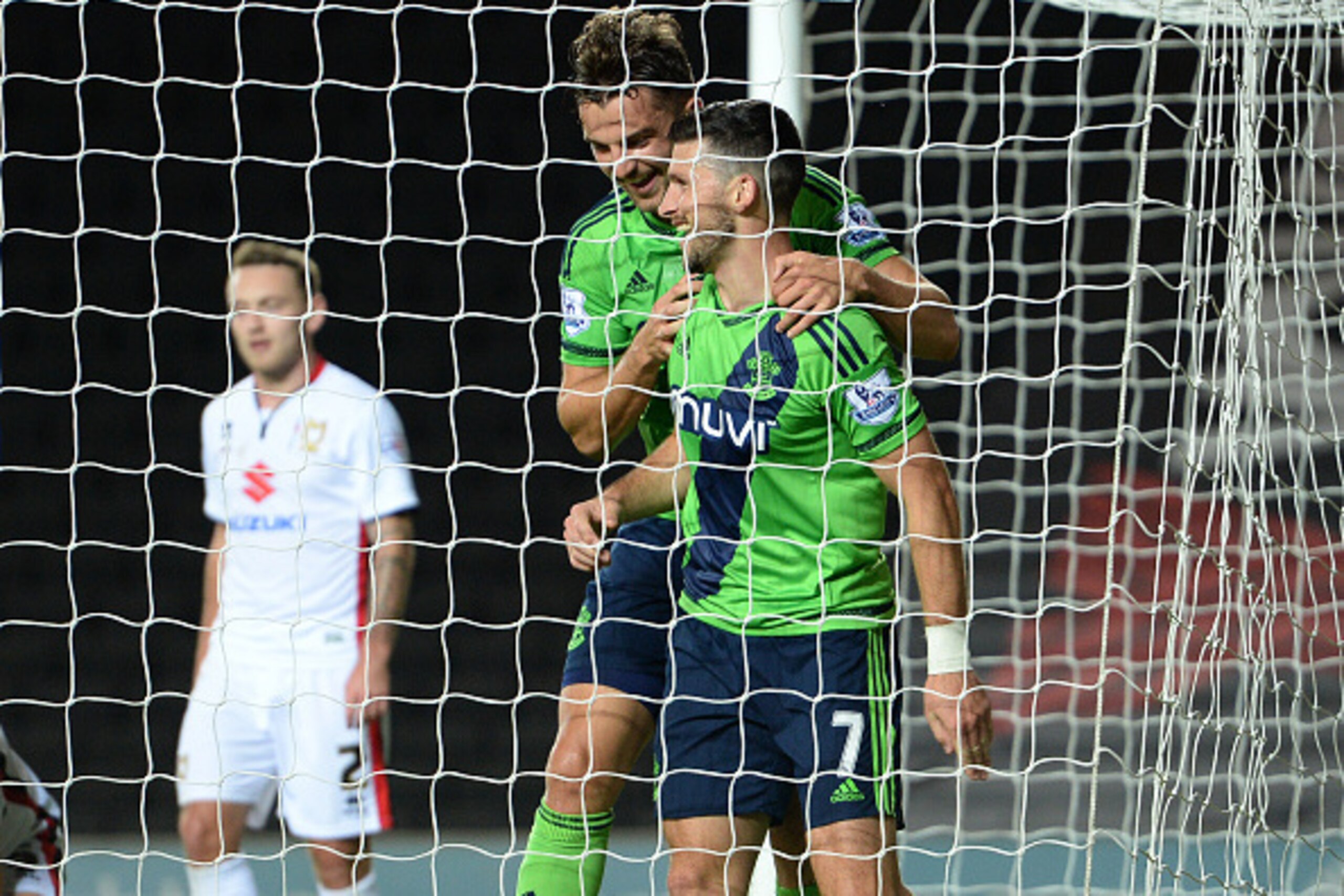 MILTON KEYNES, ENGLAND - SEPTEMBER 23:  Shane Long of Southampton celebrates after scoring their fifth goal during the Capital One Cup third round match between MK Dons and Southampton at Stadium mk on September 23, 2015 in Milton Keynes, England.  (Photo
