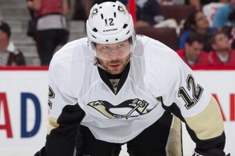 OTTAWA, CANADA - MAY 19: Jarome Iginla #12 of the Pittsburgh Penguins prepares for a faceoff against the Ottawa Senators in Game Three of the Eastern Conference Semifinals during the 2013 NHL Stanley Cup Playoffs, at Scotiabank Place, on May 19, 2013 in O