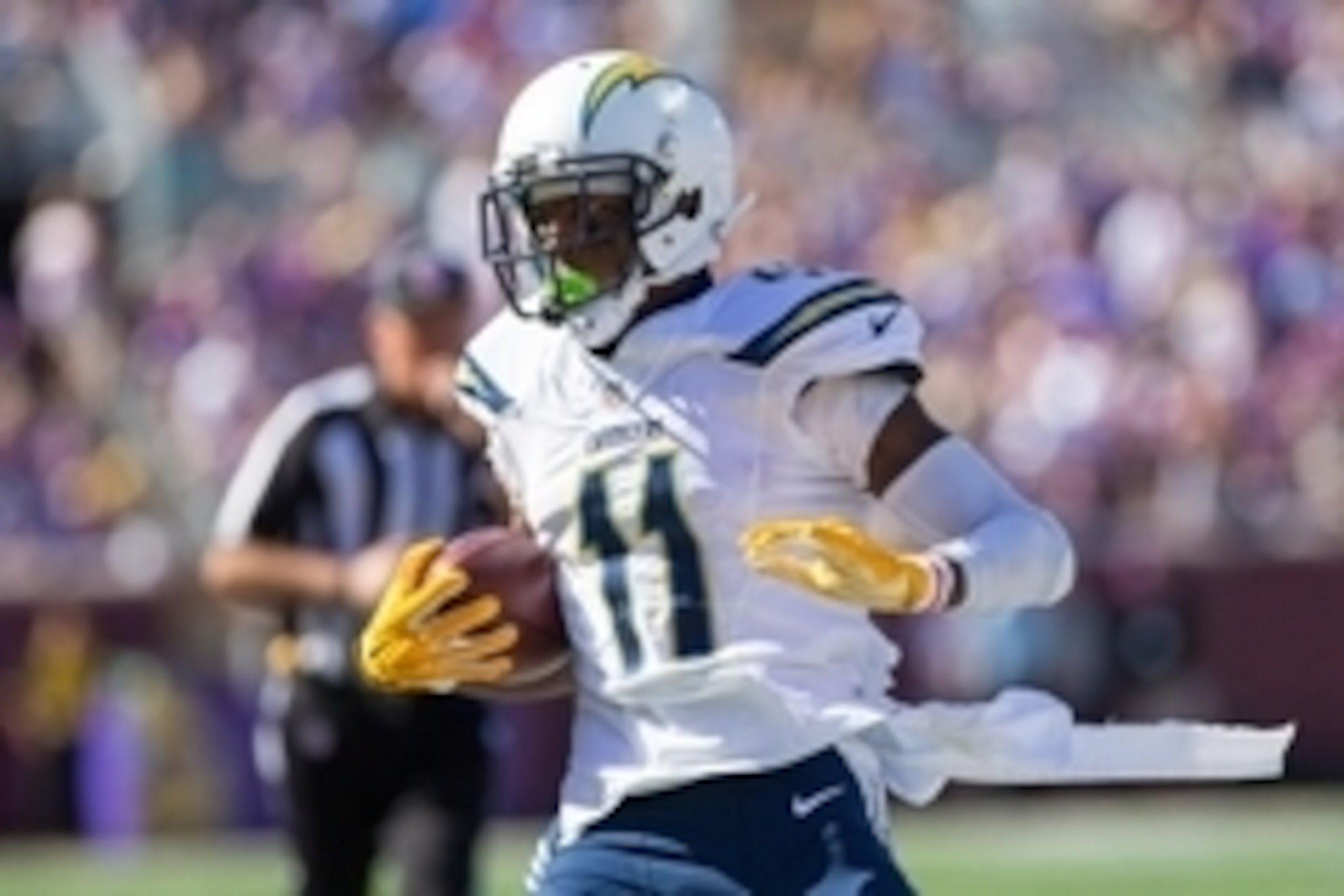 Sep 27, 2015; Minneapolis, MN, USA; San Diego Chargers wide receiver Stevie Johnson (11) runs after the catch in the fourth quarter against the Minnesota Vikings at TCF Bank Stadium. The Minnesota Vikings beat the San Diego Chargers 31-14. Mandatory Credi