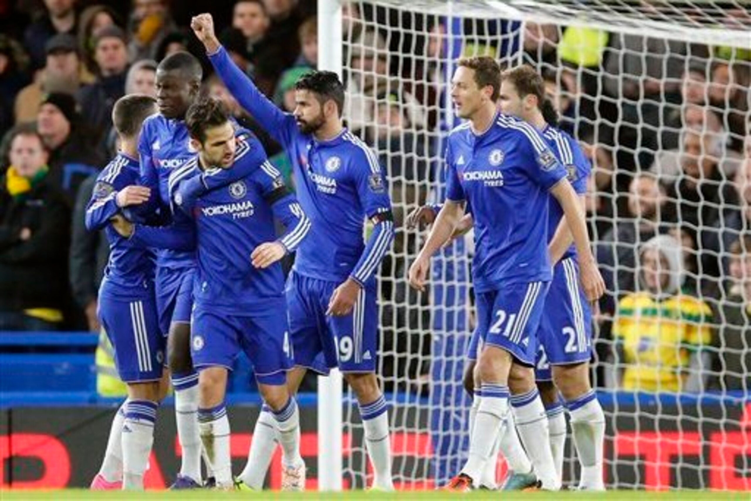 Chelsea celebrate Diego Costa's winner at home to Norwich City last week.