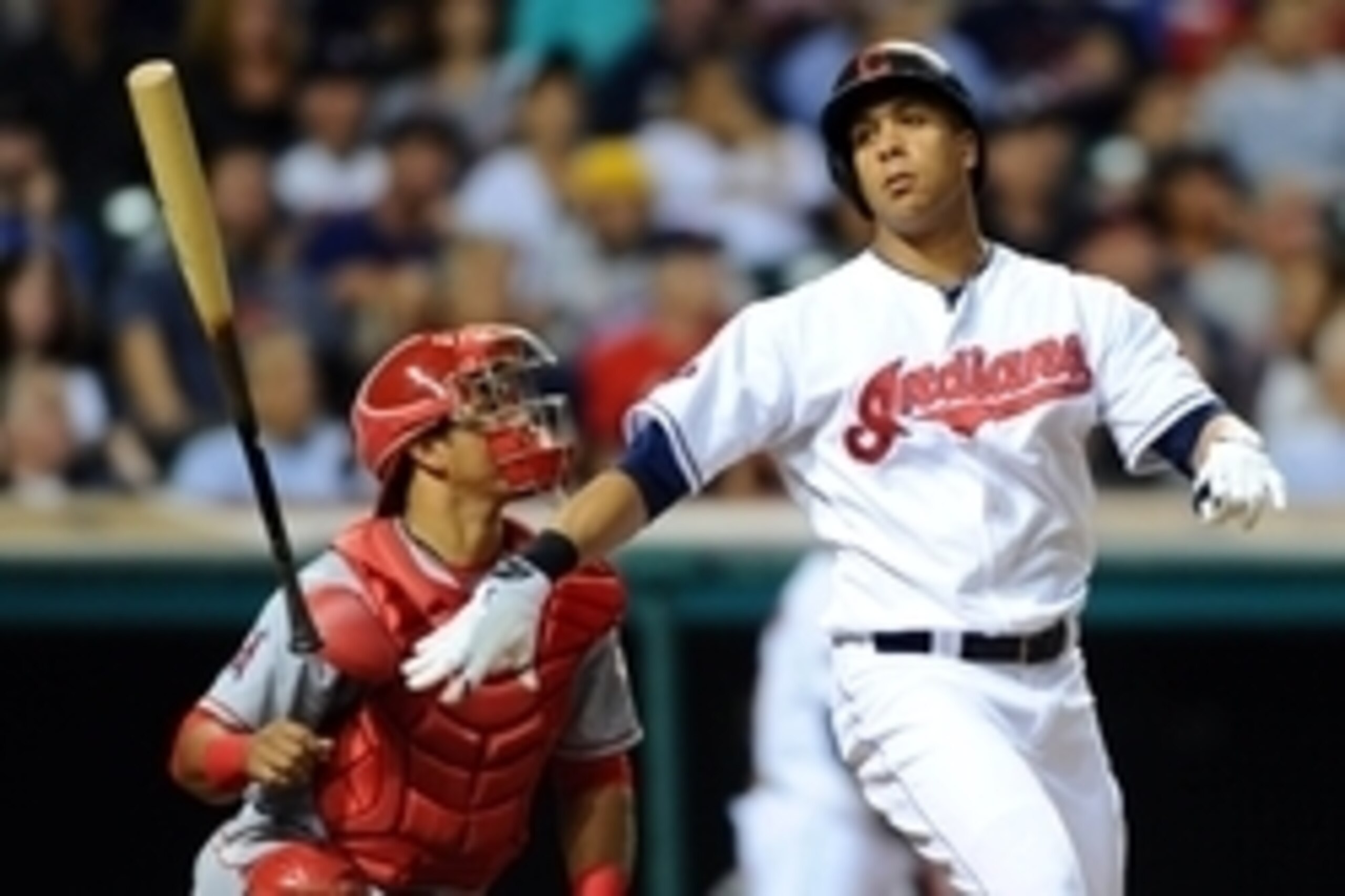 Aug 28, 2015; Cleveland, OH, USA; Cleveland Indians left fielder Michael Brantley (23) throws his bat after hitting a fly out during the sixth inning against the Los Angeles Angels at Progressive Field. Mandatory Credit: Ken Blaze-USA TODAY Sports Aug 28, 2015; Cleveland, OH, USA; Cleveland Indians left fielder Michael Brantley (23) throws his bat after hitting a fly out during the sixth inning against the Los Angeles Angels at Progressive Field. Mandatory Credit: Ken Blaze-USA TODAY Sports