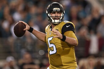 JACKSONVILLE, FL - NOVEMBER 19:  Blake Bortles #5 of the Jacksonville Jaguars drops back to pass during a game against the Tennessee Titans at EverBank Field on November 19, 2015 in Jacksonville, Florida.  Jacksonville defeated Tennessee 19-13.  (Photo by