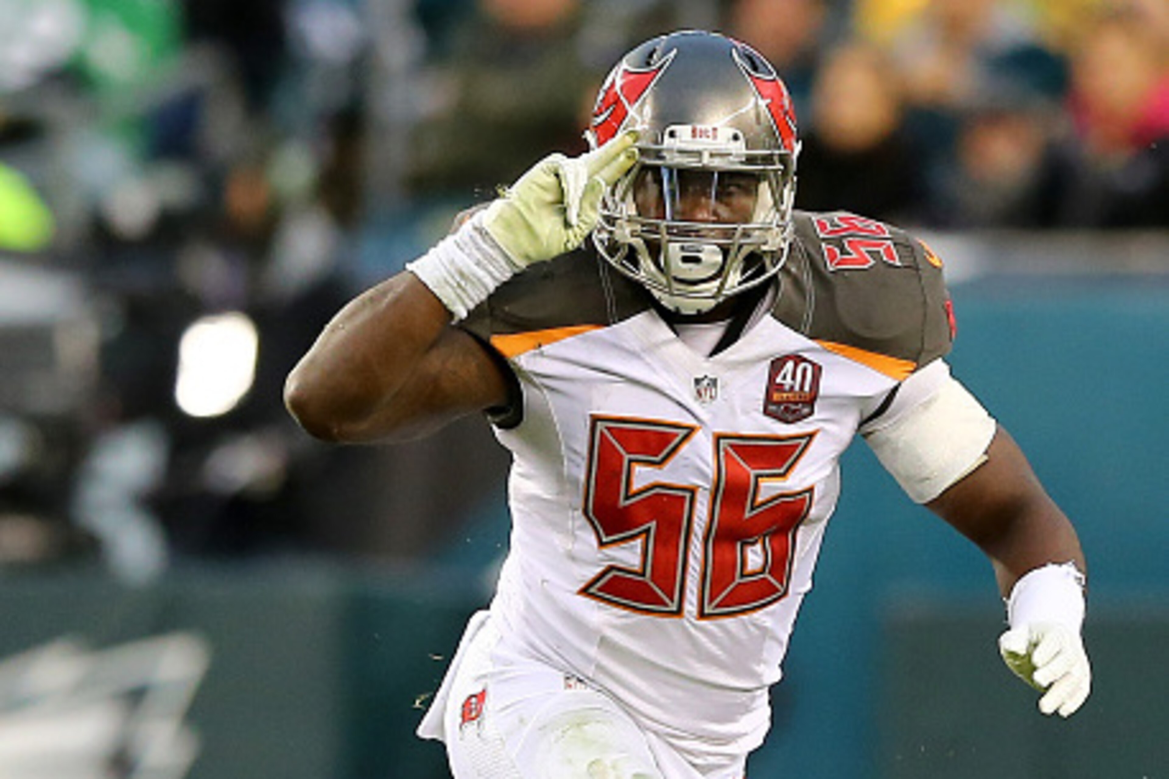PHILADELPHIA, PA - NOVEMBER 22:  Jacquies Smith #56 of the Tampa Bay Buccaneers celebrates after he sacked  Mark Sanchez #3 of the Philadelphia Eagles in the fourth quarter on November 22, 2015 at Lincoln Financial Field in Philadelphia, Pennsylvania.The 