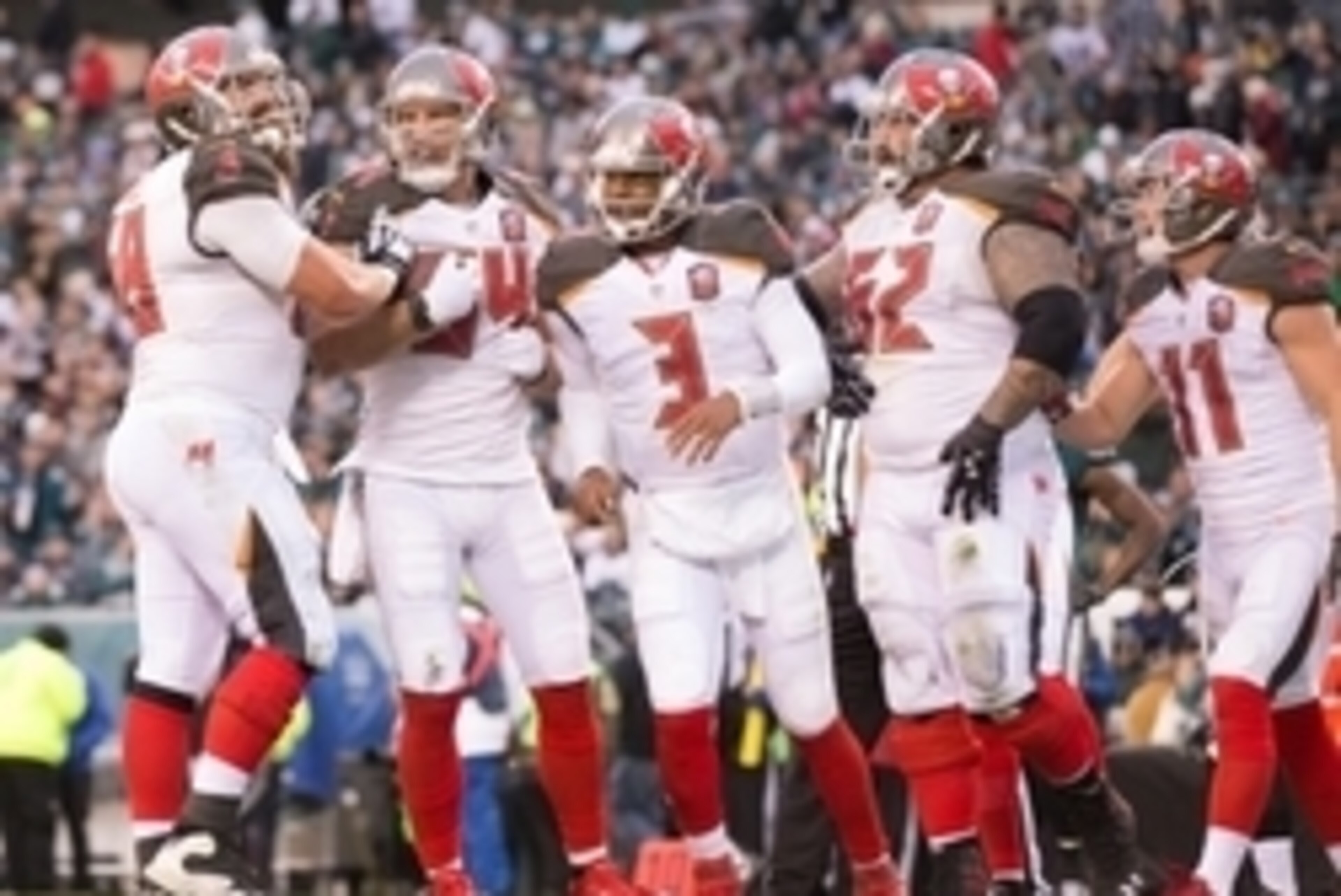 Nov 22, 2015; Philadelphia, PA, USA; Tampa Bay Buccaneers tight end Cameron Brate (84) celebrate sscoring with quarterback Jameis Winston (3) and linebacker Jeremiah George (52) and wide receiver Adam Humphries (11) and center Joe Hawley (68) during the s
