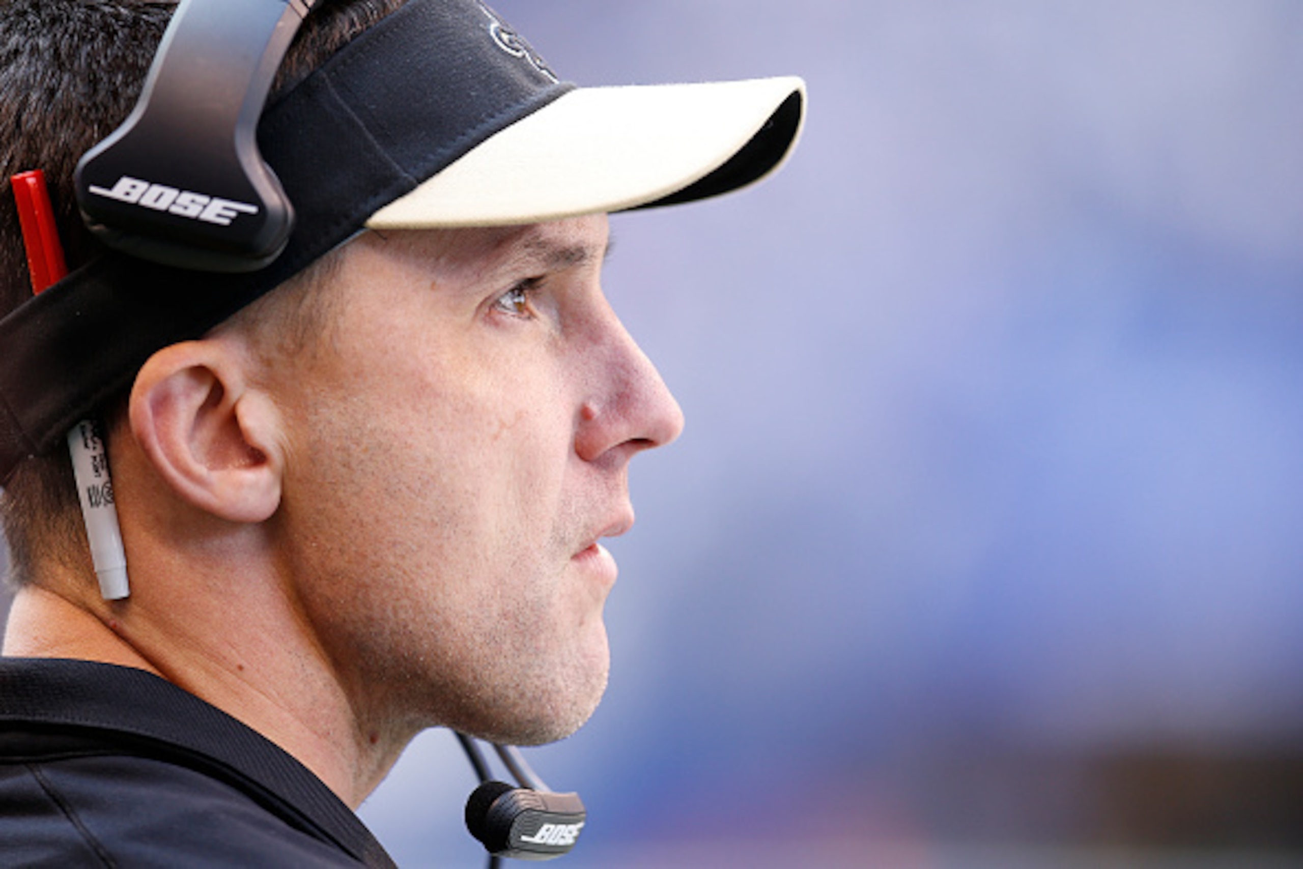INDIANAPOLIS, IN - OCTOBER 25: Senior defensive assistant Dennis Allen of the New Orleans Saints looks on against the Indianapolis Colts during a game at Lucas Oil Stadium on October 25, 2015 in Indianapolis, Indiana. The Saints defeated the Colts 27-21.