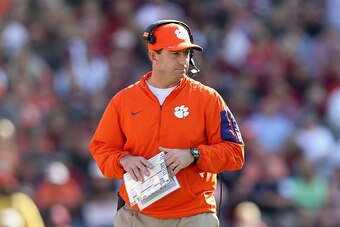 COLUMBIA, SC - NOVEMBER 28:  Head coach Dabo Swinney of the Clemson Tigers watches on during their game against the South Carolina Gamecocks at Williams-Brice Stadium on November 28, 2015 in Columbia, South Carolina.  (Photo by Streeter Lecka/Getty Images