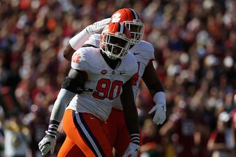 COLUMBIA, SC - NOVEMBER 28:  Shaq Lawson #90 of the Clemson Tigers reacts after a tackle during their game against the South Carolina Gamecocks at Williams-Brice Stadium on November 28, 2015 in Columbia, South Carolina.  (Photo by Streeter Lecka/Getty Ima