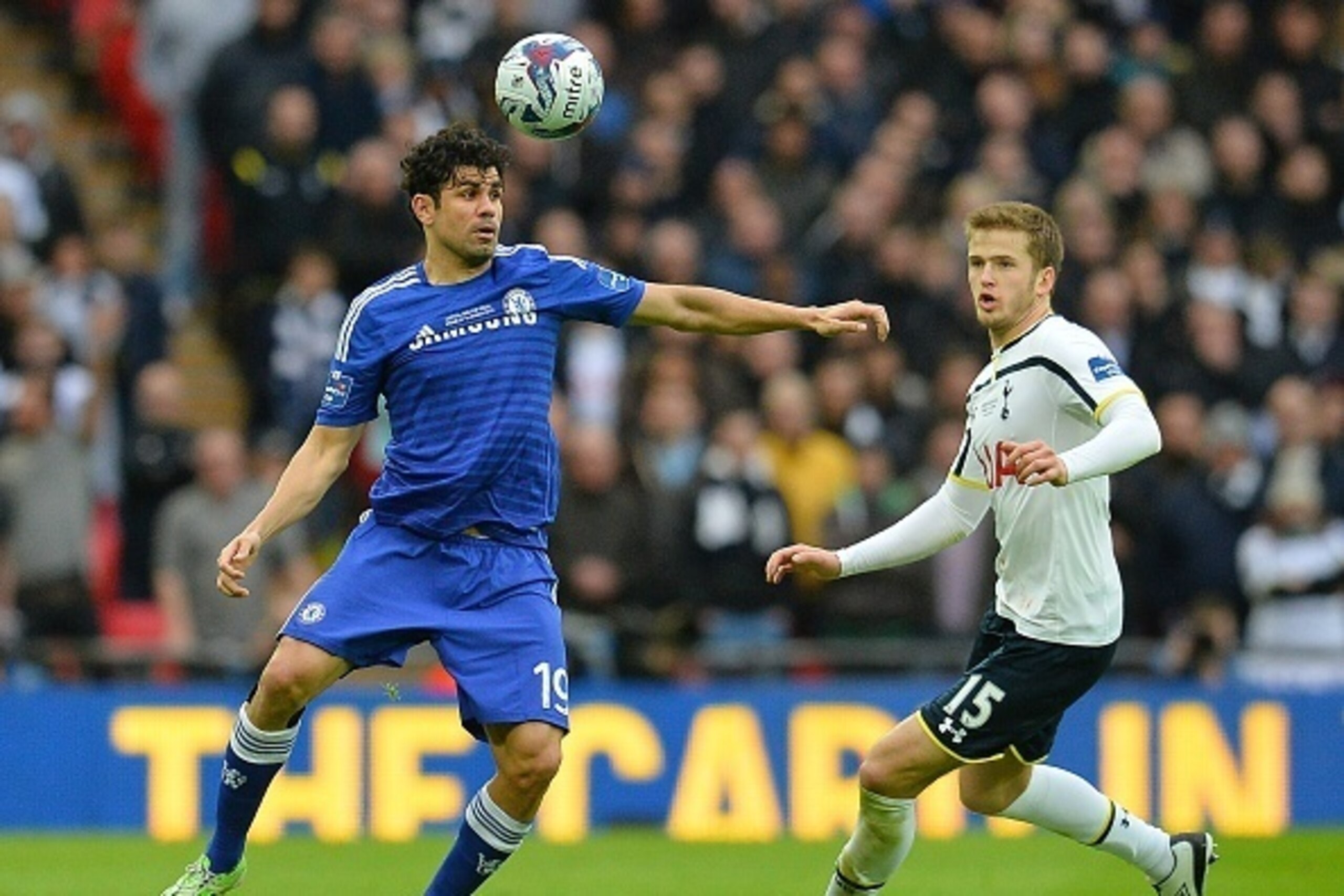 Chelsea's Brazilian-born Spanish striker Diego Costa (L) vies with Tottenham Hotspur's English defender Eric Dier during the English League Cup Final football match between Chelsea and Tottenham Hotspur at Wembley Stadium in north London on March 1, 2015.