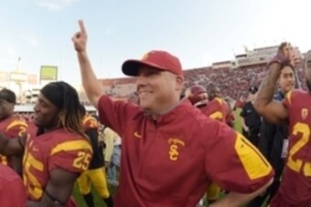 Nov 28, 2015; Los Angeles, CA, USA; Southern California Trojans head coach Clay Helton celebrates after an NCAA football game against the UCLA Bruins at Los Angeles Memorial Coliseum. USC defeated UCLA 40-21. Mandatory Credit: Kirby Lee-USA TODAY Sports
