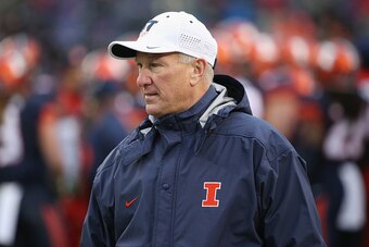 CHICAGO, IL - NOVEMBER 28:  Head coach Bill Cubit of the Illinois Fighting Illini, who was given a two year contract extention before a game against the Northwestern Wildcats, watches from the sidelines
at Soldier Field on November 28, 2015 in Chicago, Il