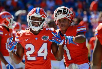 Nov 7, 2015; Gainesville, FL, USA; Florida Gators defensive back Brian Poole (24) and defensive back Vernon Hargreaves III (1) prior to the game against the Vanderbilt Commodores at Ben Hill Griffin Stadium. Mandatory Credit: Kim Klement-USA TODAY Sports